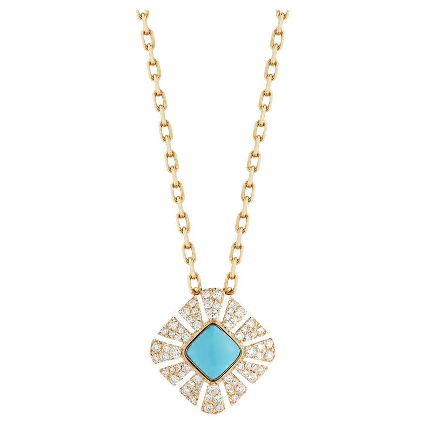 Pendant in 18K Yellow Gold with White Pave Diamonds and Turquoise Center Stone For Sale