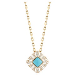Pendant in 18K Yellow Gold with White Pave Diamonds and Turquoise Center Stone