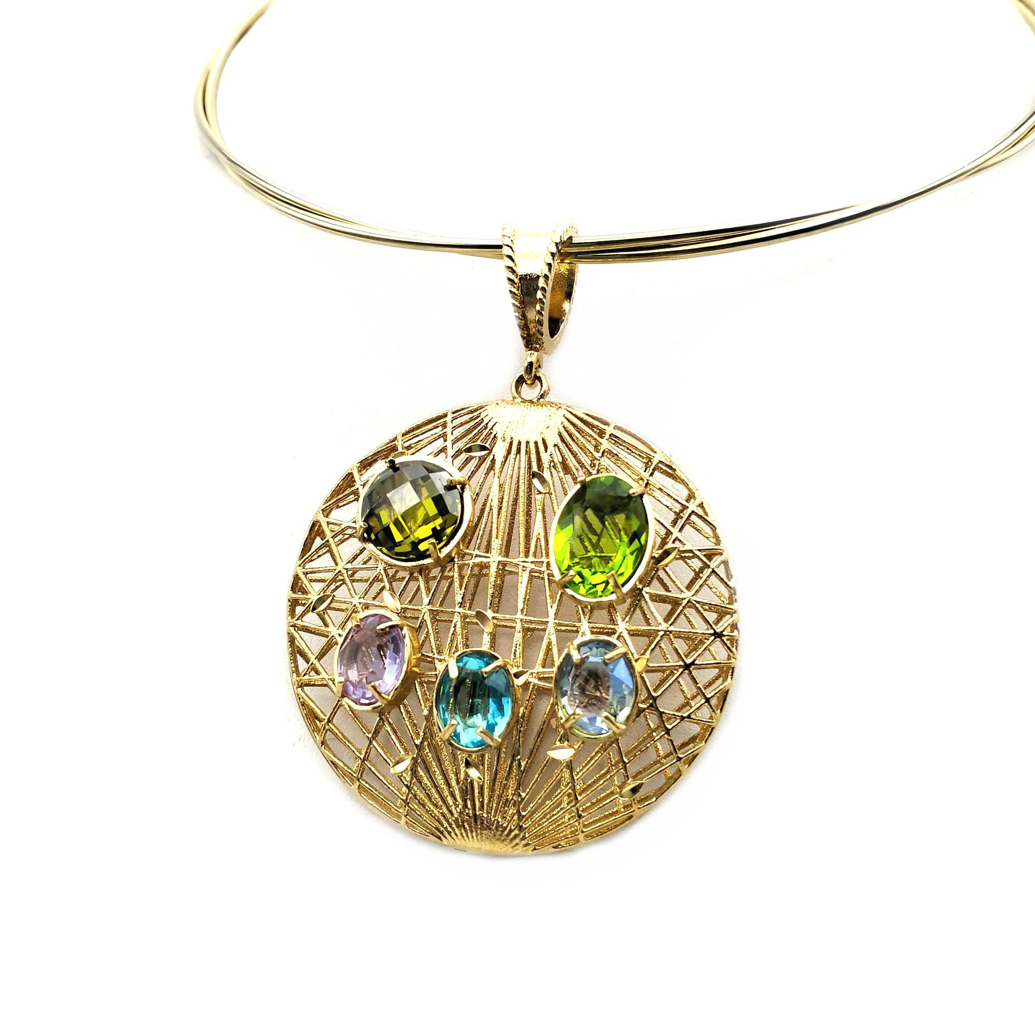 Artisan Pendant in 24kt gold-plated bronze, filigree workmanship. Glass , faceted crysta For Sale