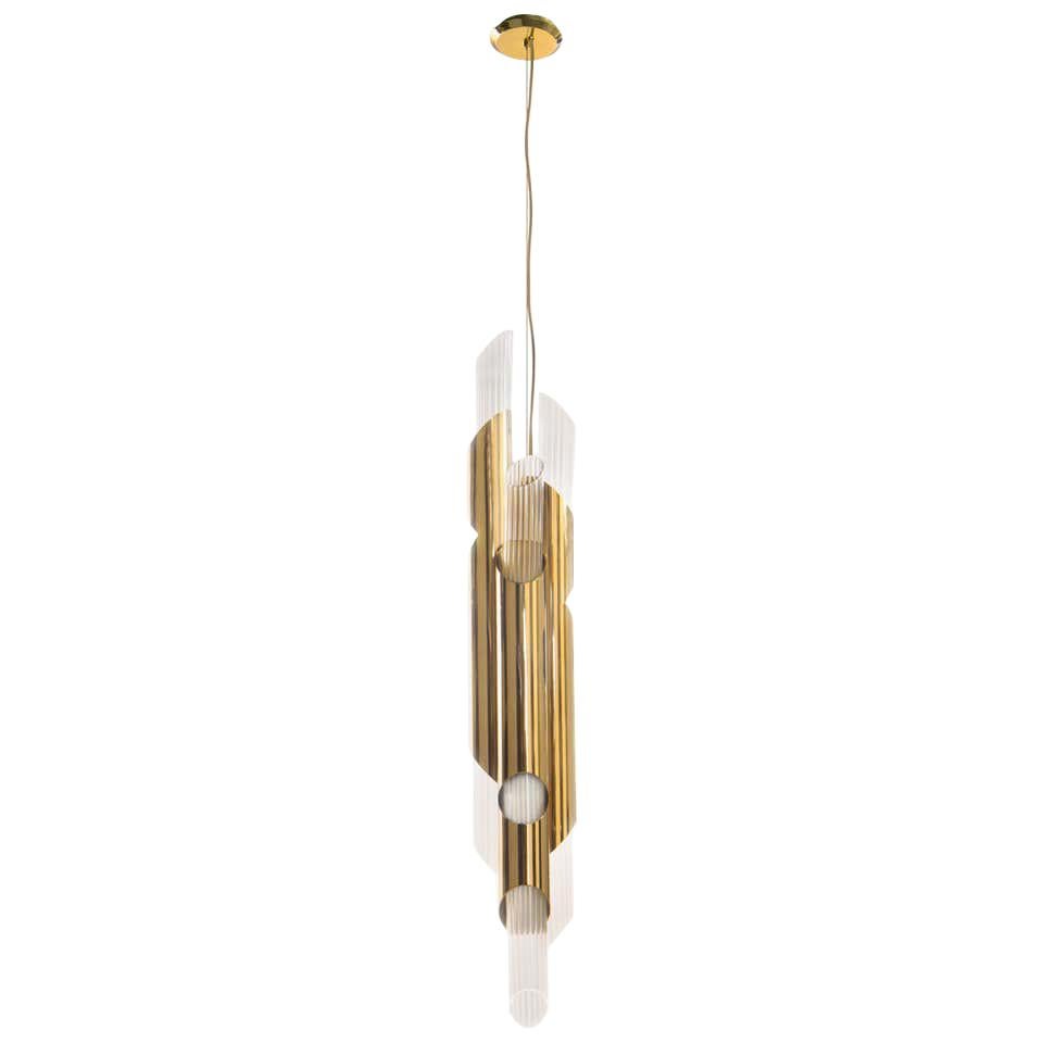 Pendant in Brass with Crystal Glass Flutes For Sale