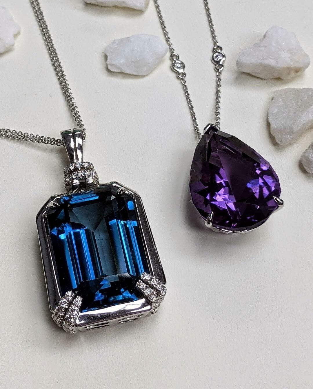 Pendant in Emerald Cut London Blue Topaz with Chain In New Condition For Sale In Great Neck, NY
