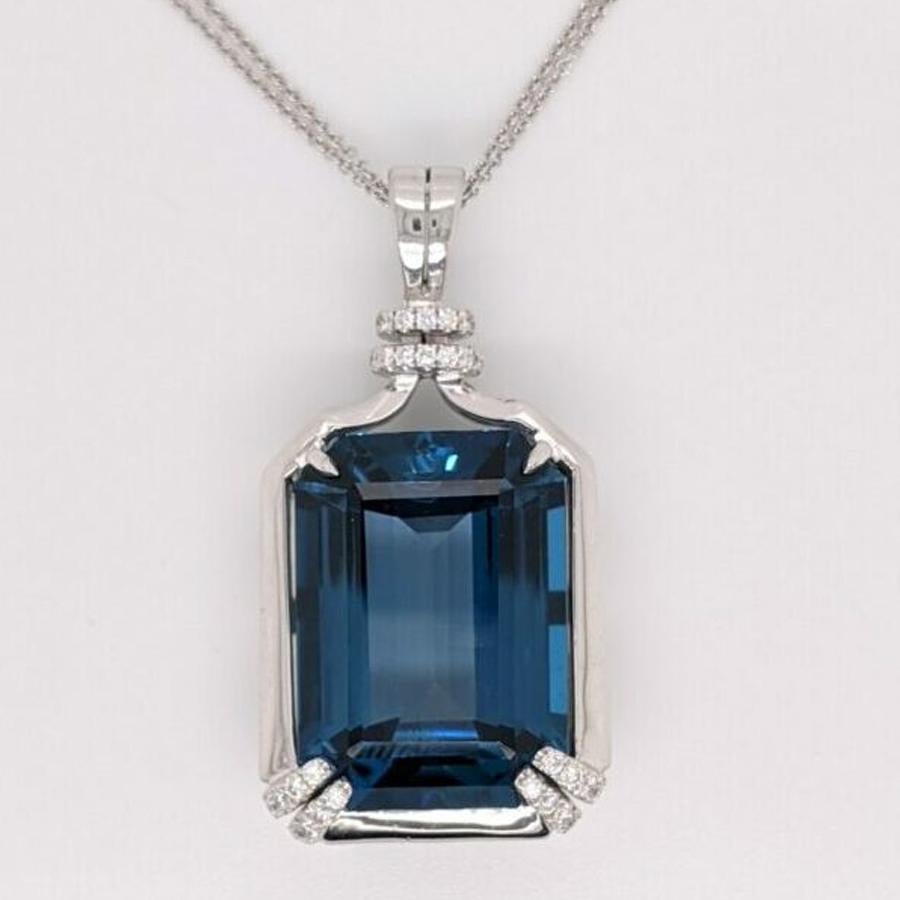 Women's Pendant in Emerald Cut London Blue Topaz with Chain For Sale
