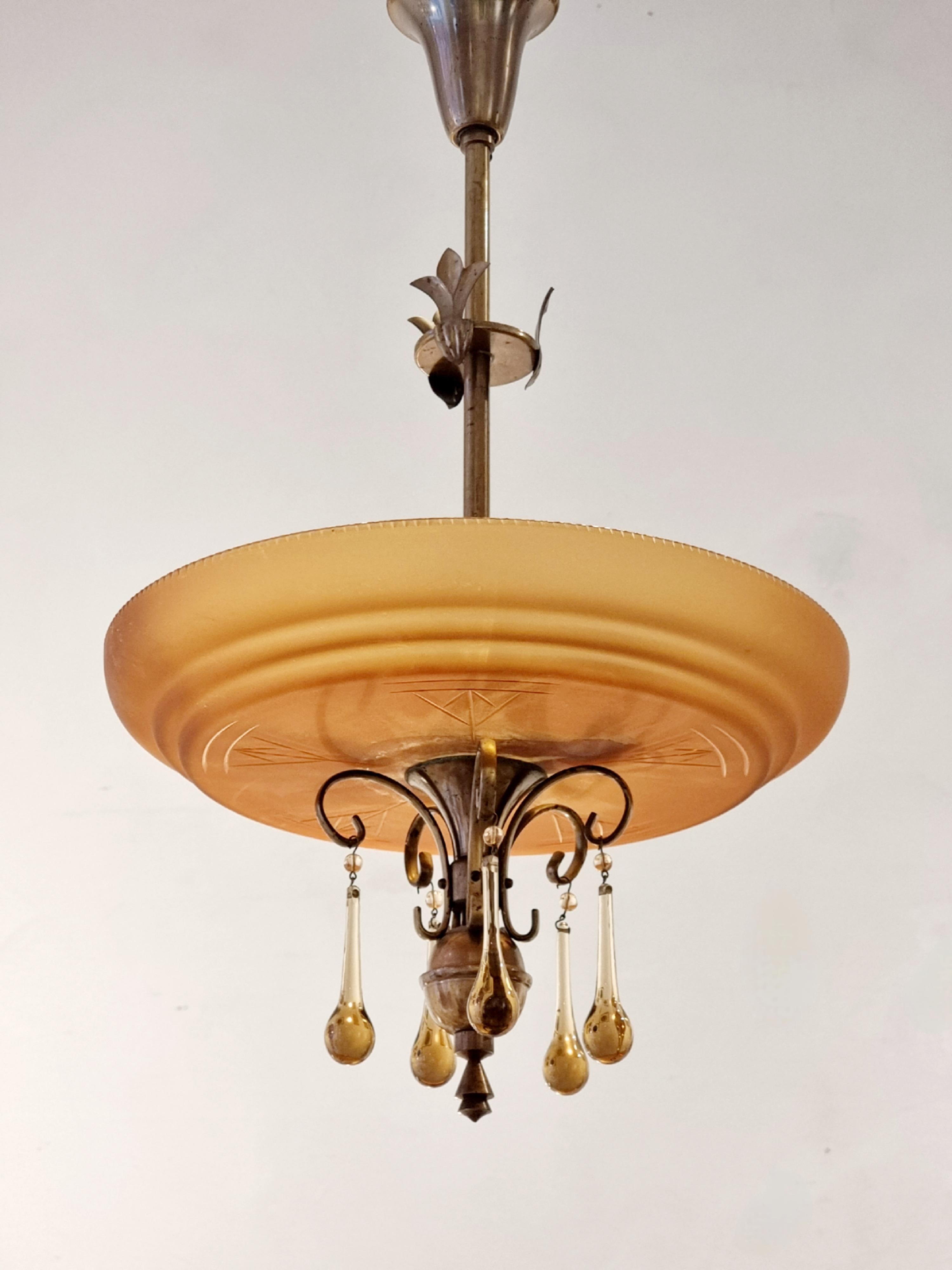 Mid-20th Century Pendant in etched glass and bronze, Swedish Grace. Attr. Böhlmark.