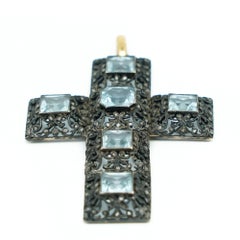 Pendant with Squared Aquamarines in Oxidized Silver and Detailed Gold 9 Karats