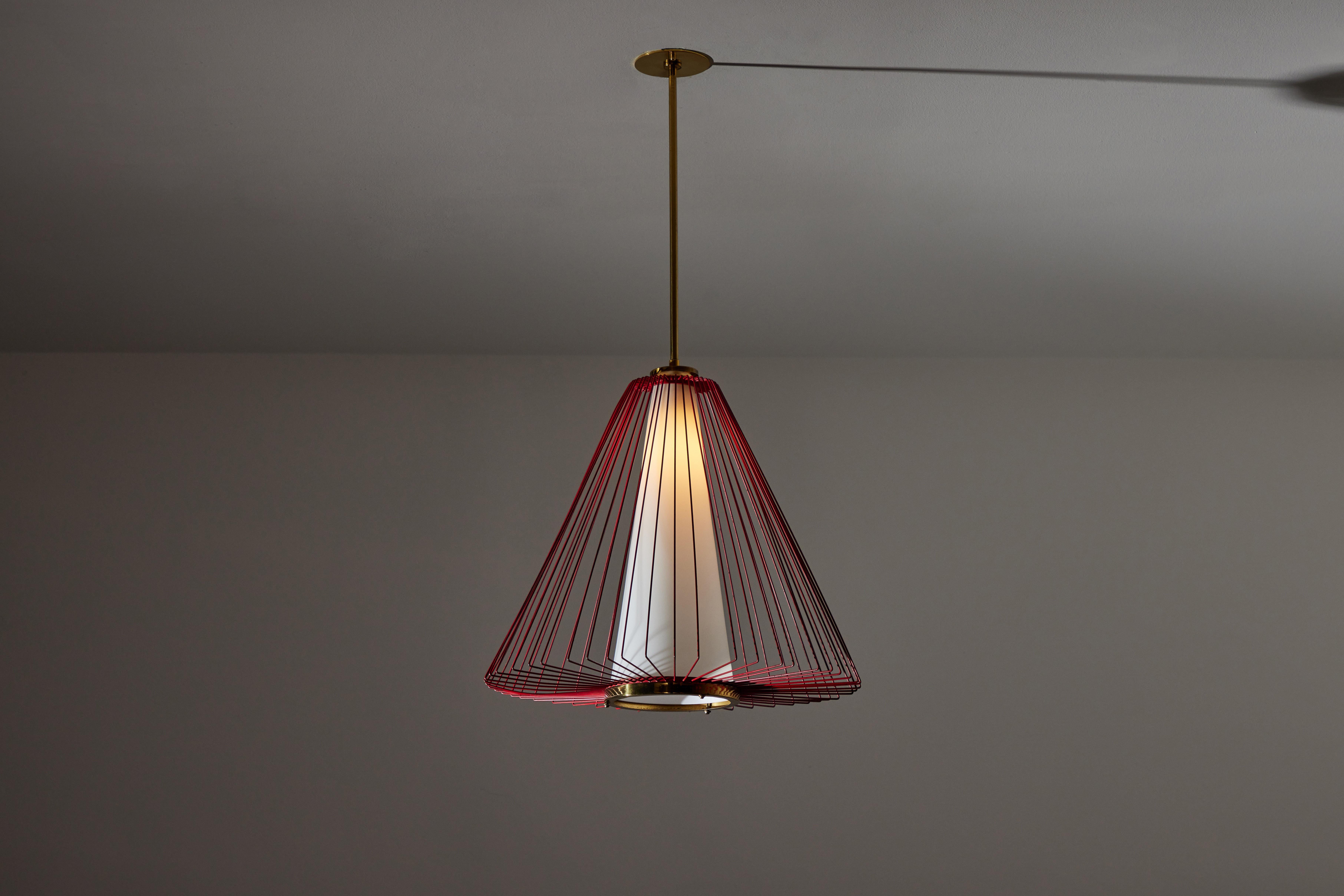 Pendant in the style of Arredoluce. Made in Italy, circa 1950's. Enameled metal armature, brushed satin glass diffuser. Custom brass backplate. Rewired for U.S. standards. We recommend one E27 75w maximum bulb. Bulbs provided as a one time courtesy.