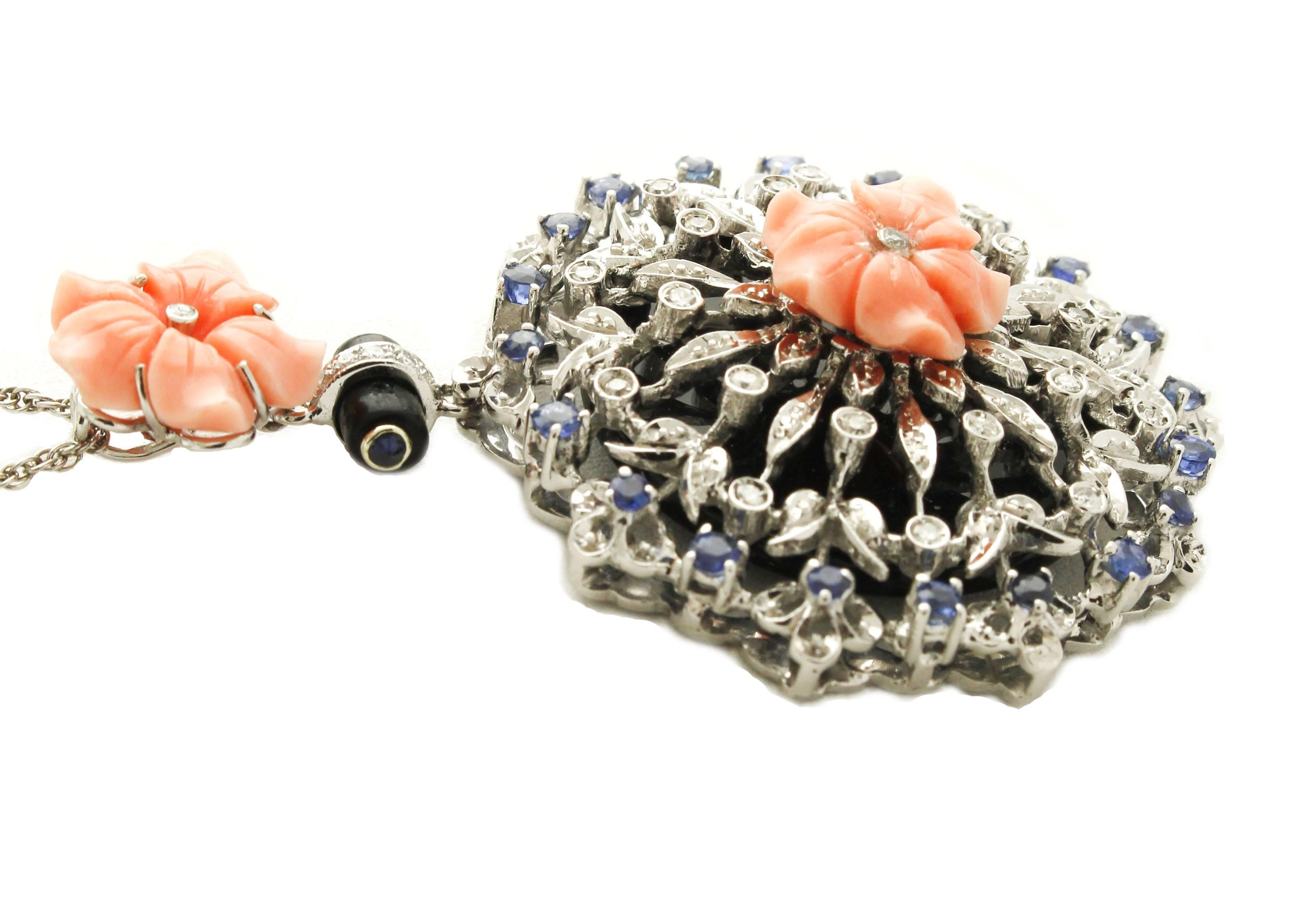 Retro White Gold Sapphires Diamonds Onyx Coral Flower Pendant