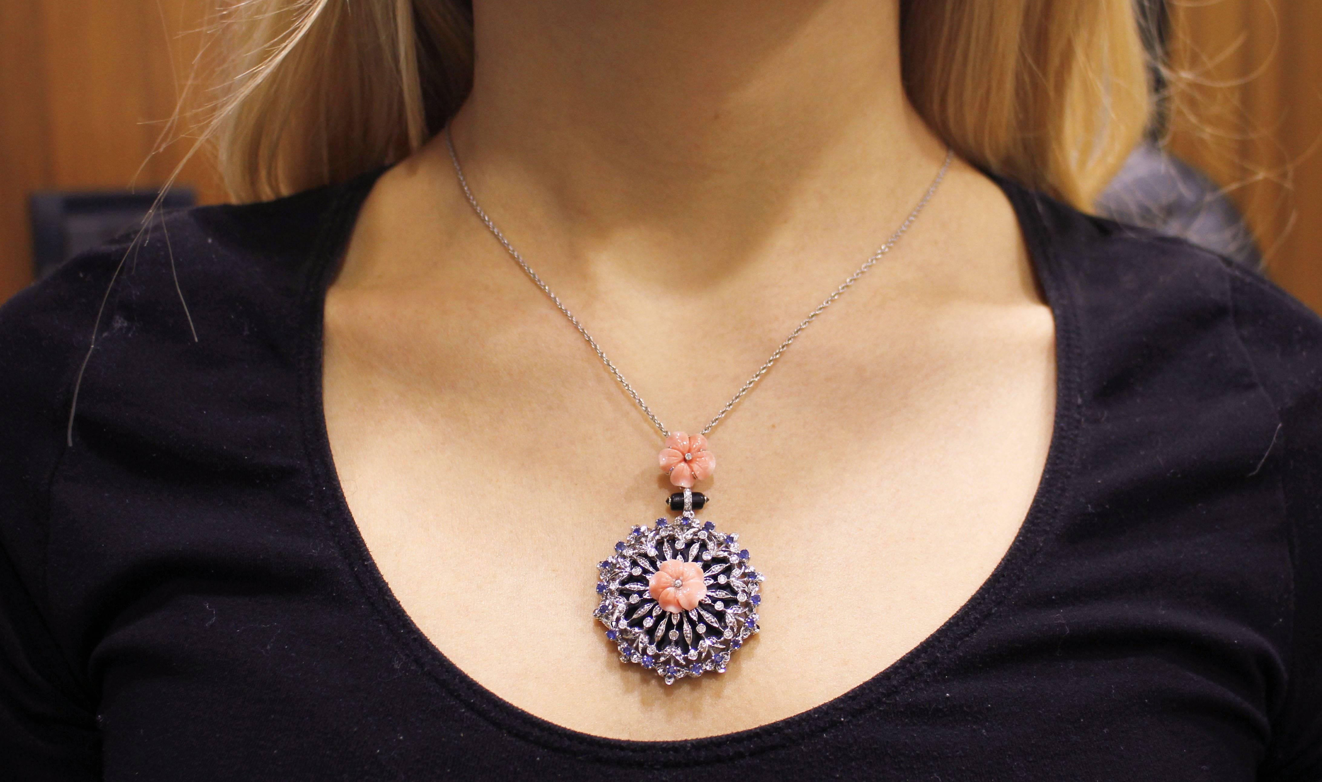 Women's White Gold Sapphires Diamonds Onyx Coral Flower Pendant