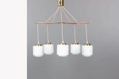 Pendelleuchte, 5-Leuchten aus Teakholz und Opal, 1950