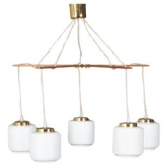 Pendant lamp 5-light in teak and opaline 1950