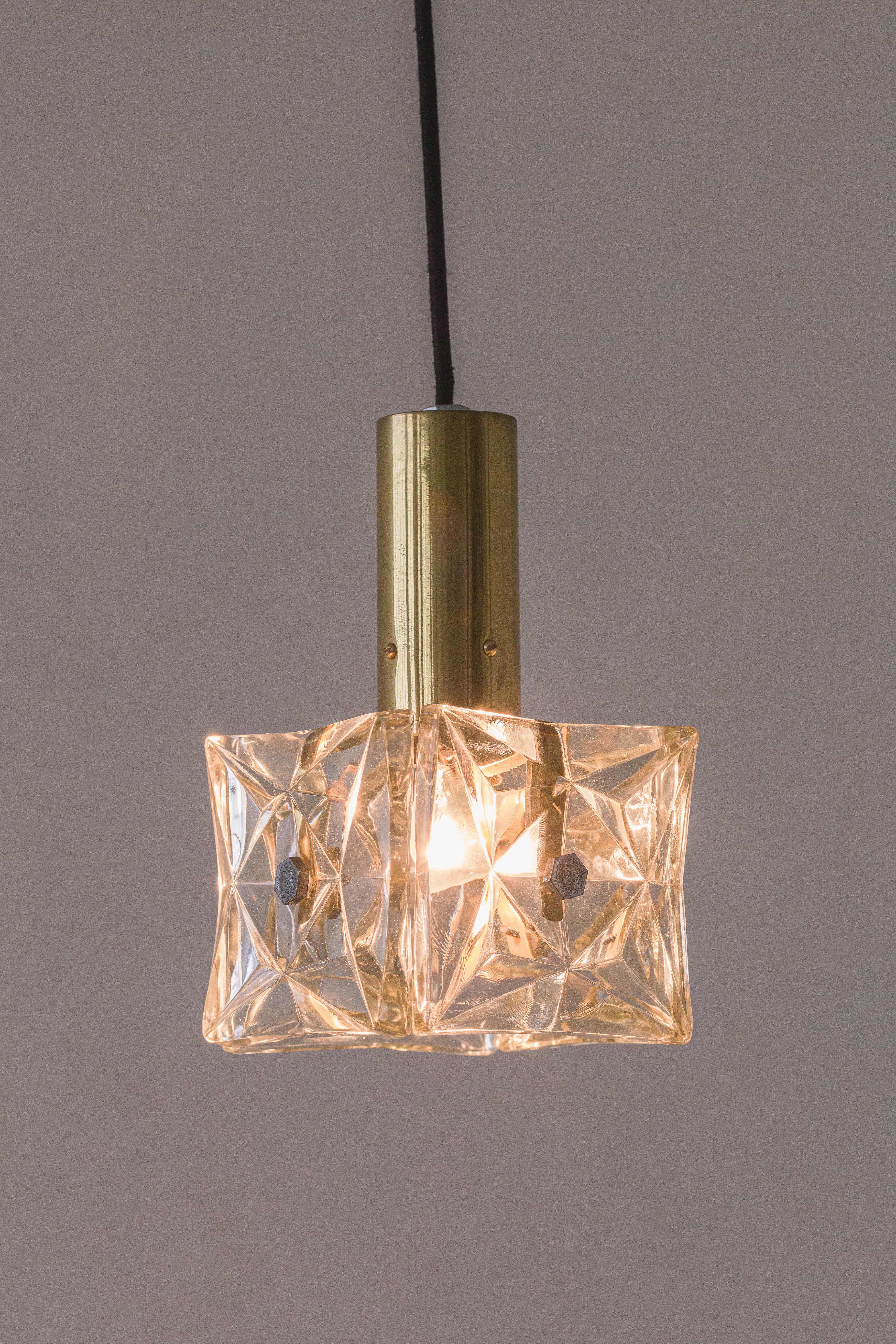 Mid-20th Century Pendant Lamp, Brass and Prismatic Glass, Lustres Pelotas Brazilian Design, 1950s For Sale