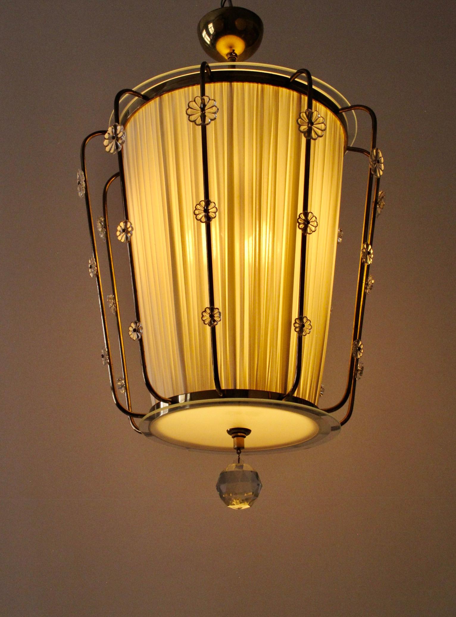 Pendant Lamp, Brass with Silk Shade and  Glass Elements, Lobmeyr Austria, 1950 For Sale 6