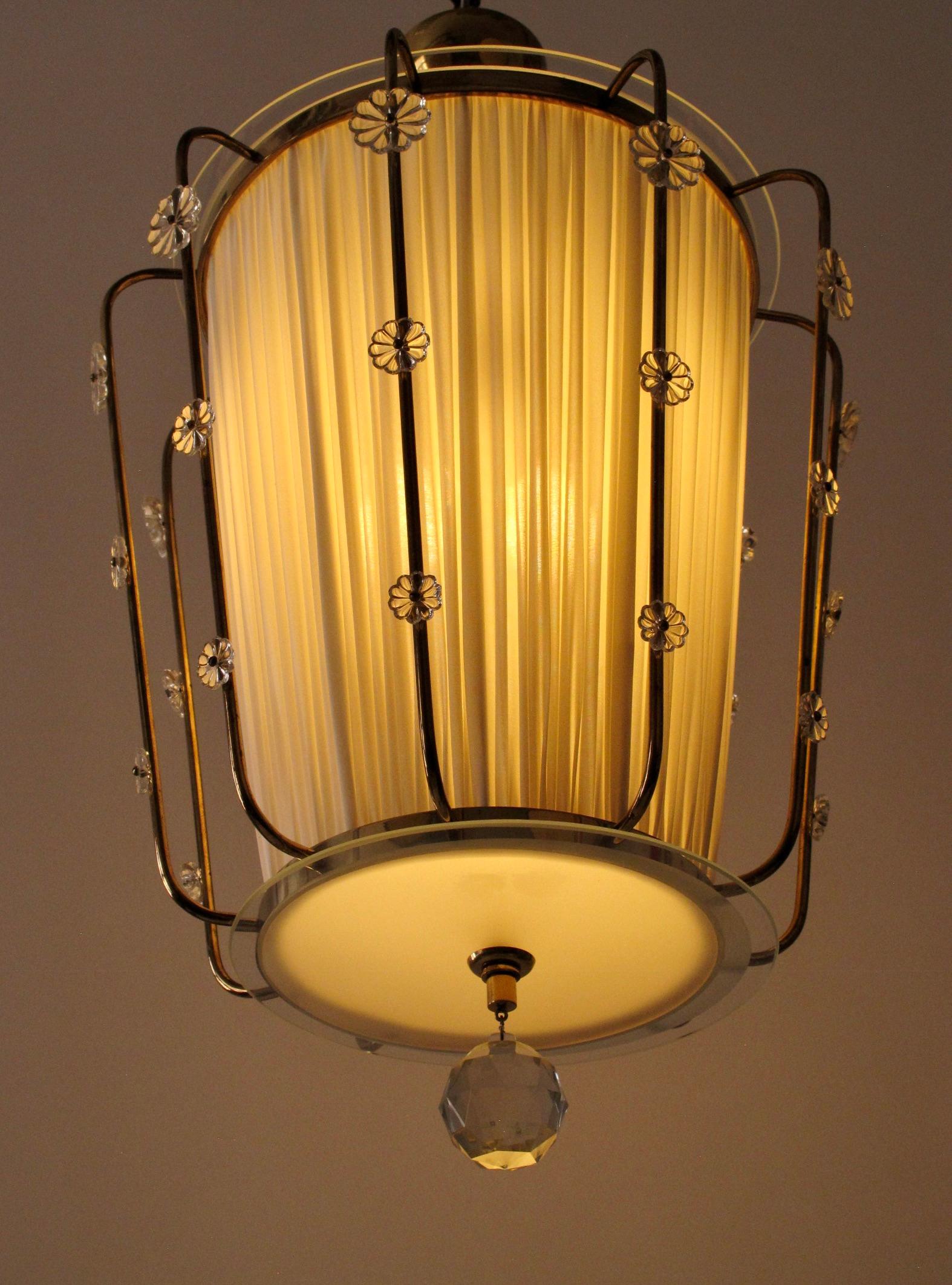 Pendant Lamp, Brass with Silk Shade and  Glass Elements, Lobmeyr Austria, 1950 For Sale 7