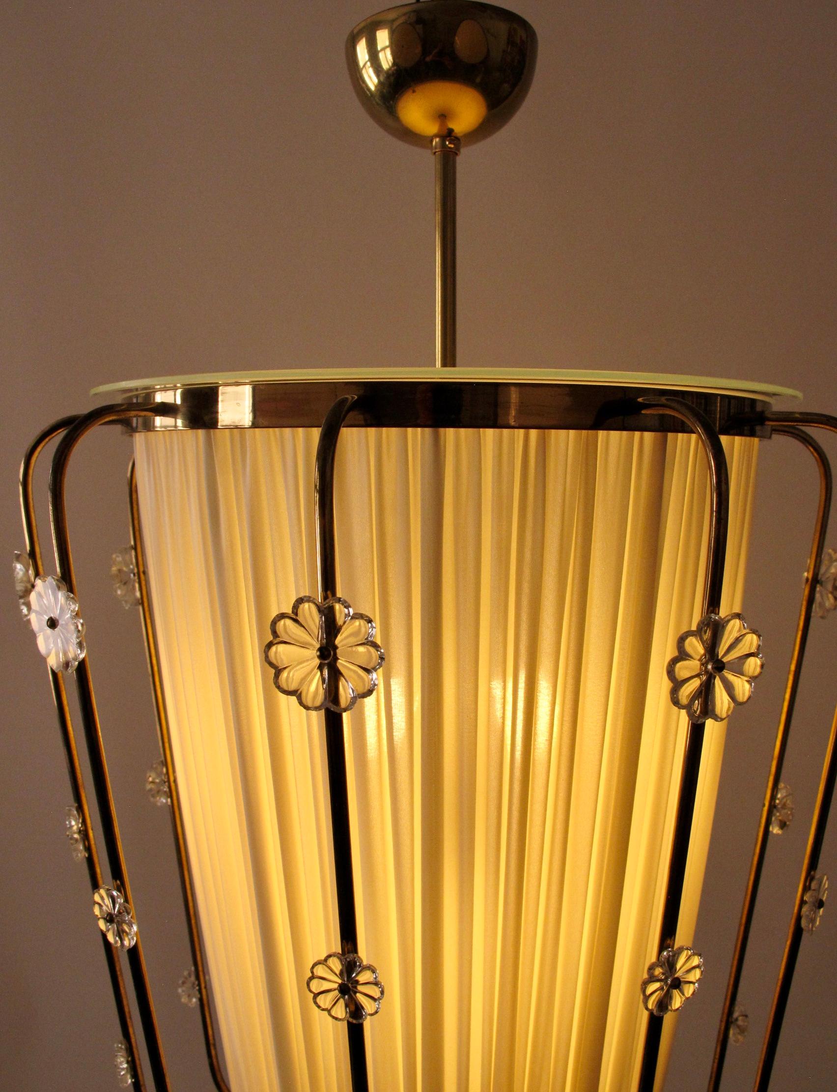 Pendant Lamp, Brass with Silk Shade and  Glass Elements, Lobmeyr Austria, 1950 For Sale 8
