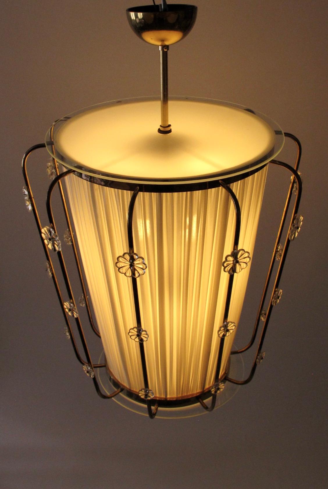 Pendant Lamp, Brass with Silk Shade and  Glass Elements, Lobmeyr Austria, 1950 For Sale 9