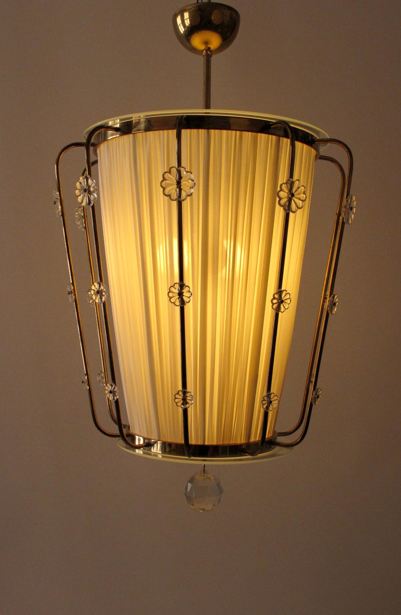 Pendant Lamp, Brass with Silk Shade and  Glass Elements, Lobmeyr Austria, 1950 For Sale 10