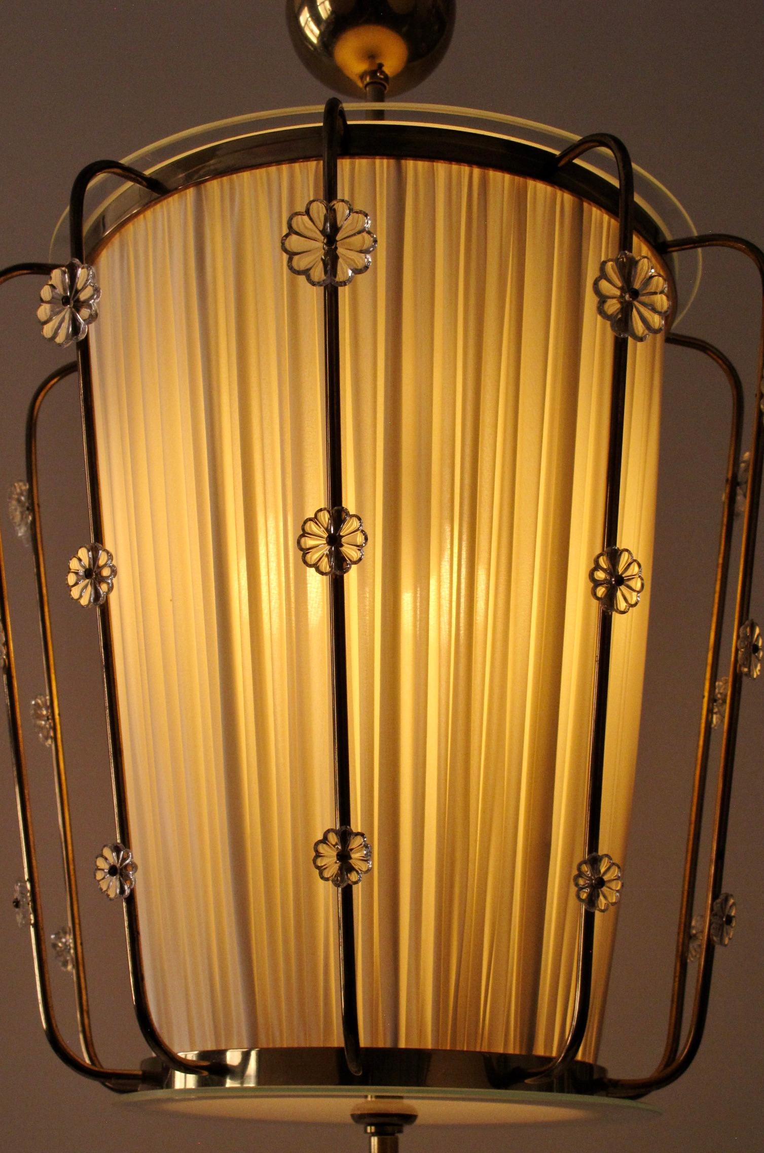 Pendant Lamp, Brass with Silk Shade and  Glass Elements, Lobmeyr Austria, 1950 For Sale 11