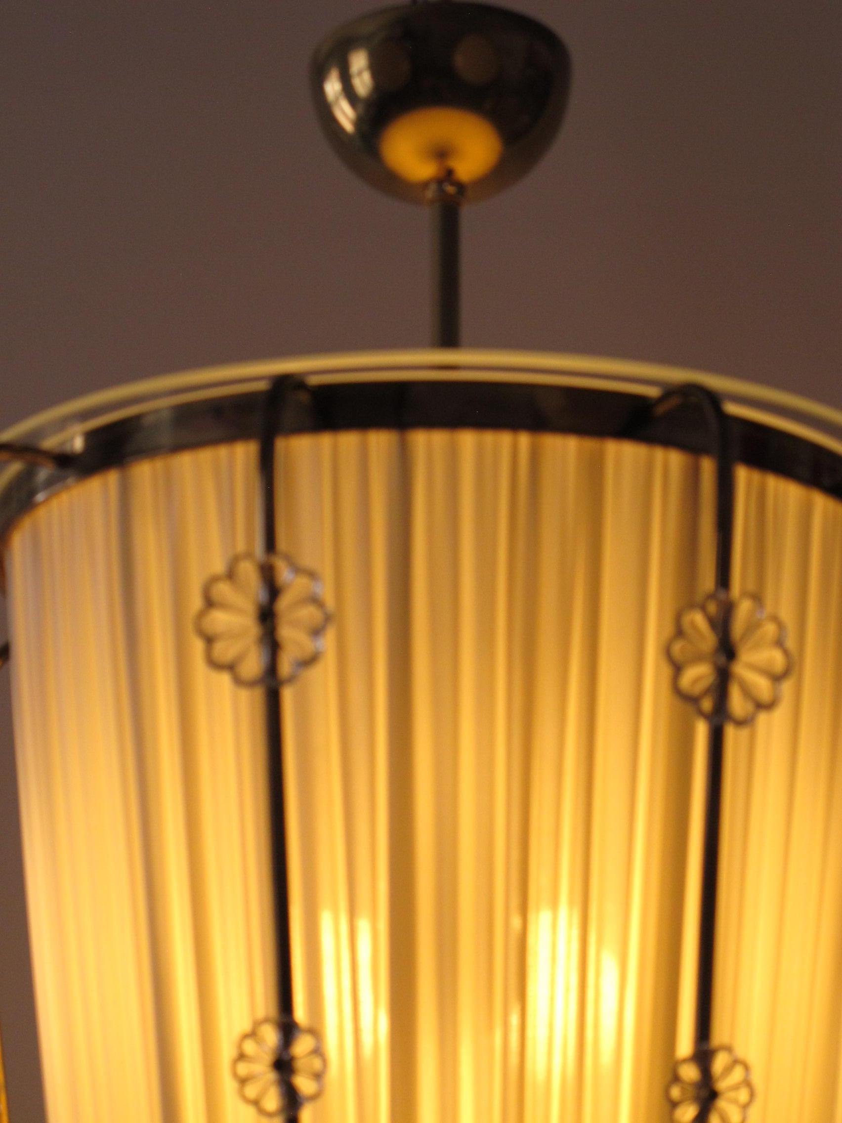 Pendant Lamp, Brass with Silk Shade and  Glass Elements, Lobmeyr Austria, 1950 For Sale 12