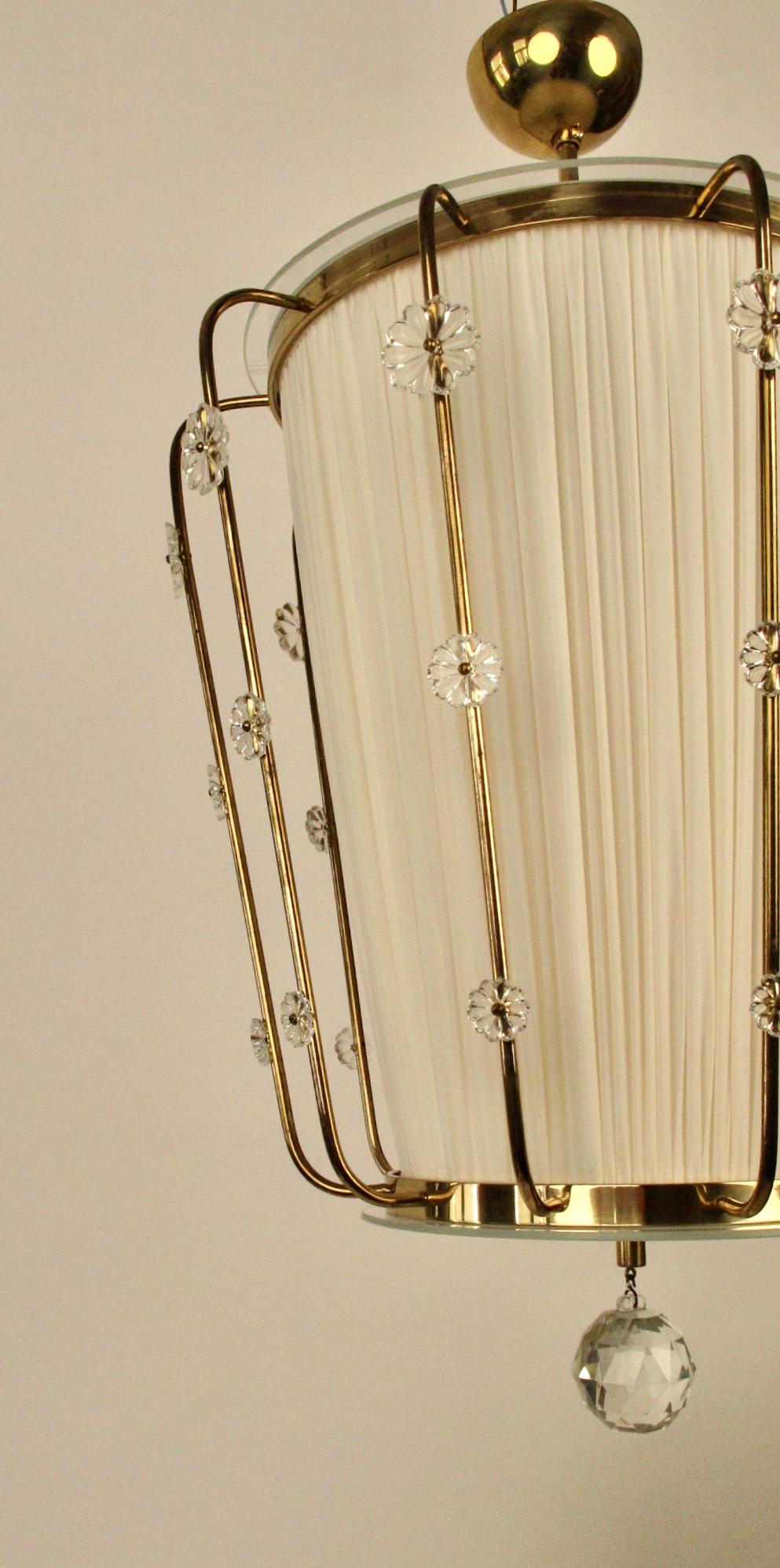Regency Pendant Lamp, Brass with Silk Shade and  Glass Elements, Lobmeyr Austria, 1950 For Sale
