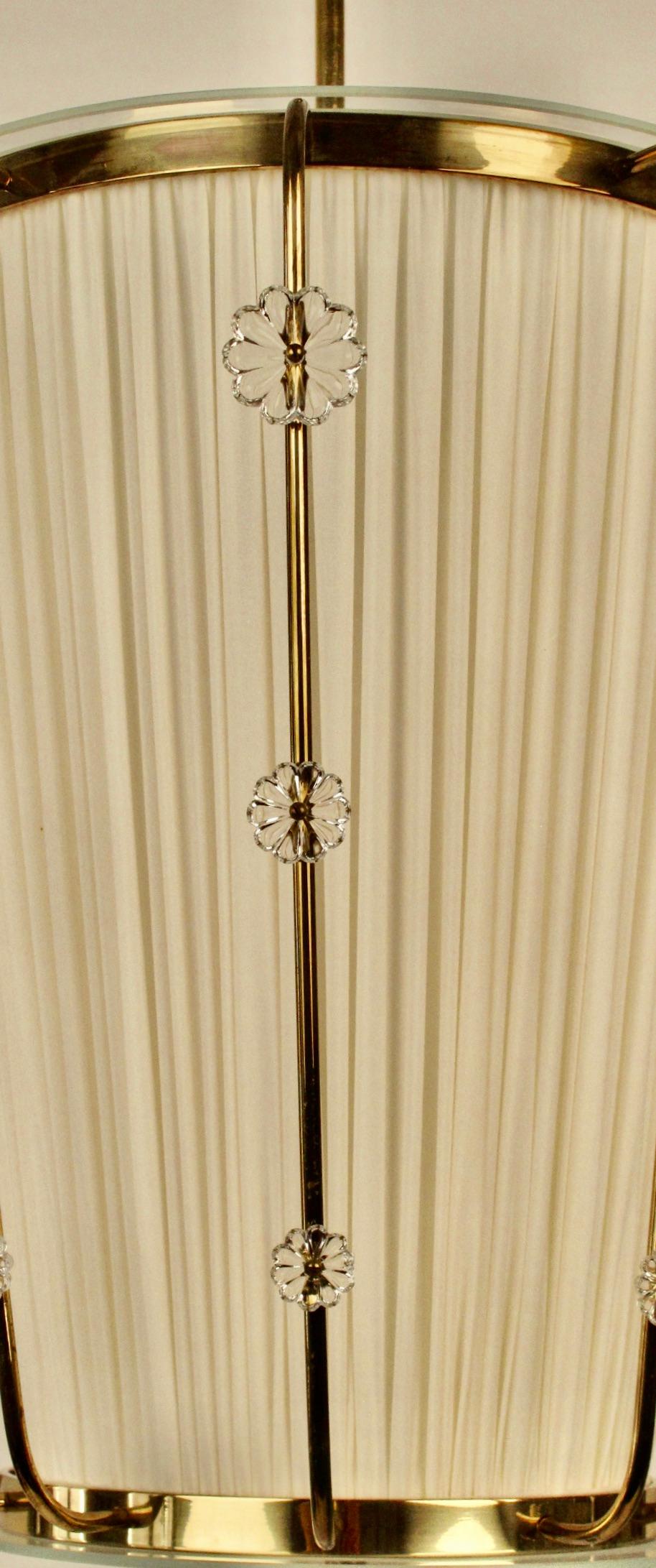 Austrian Pendant Lamp, Brass with Silk Shade and  Glass Elements, Lobmeyr Austria, 1950 For Sale