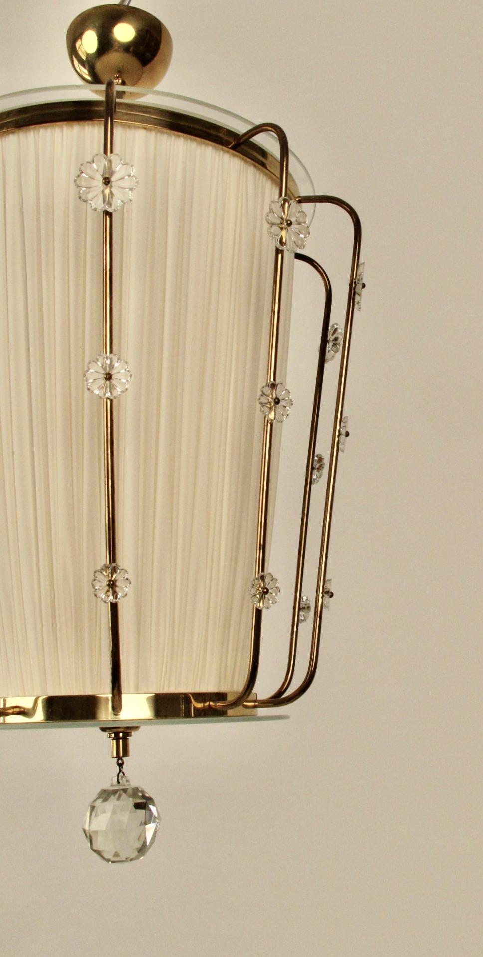 Polished Pendant Lamp, Brass with Silk Shade and  Glass Elements, Lobmeyr Austria, 1950 For Sale