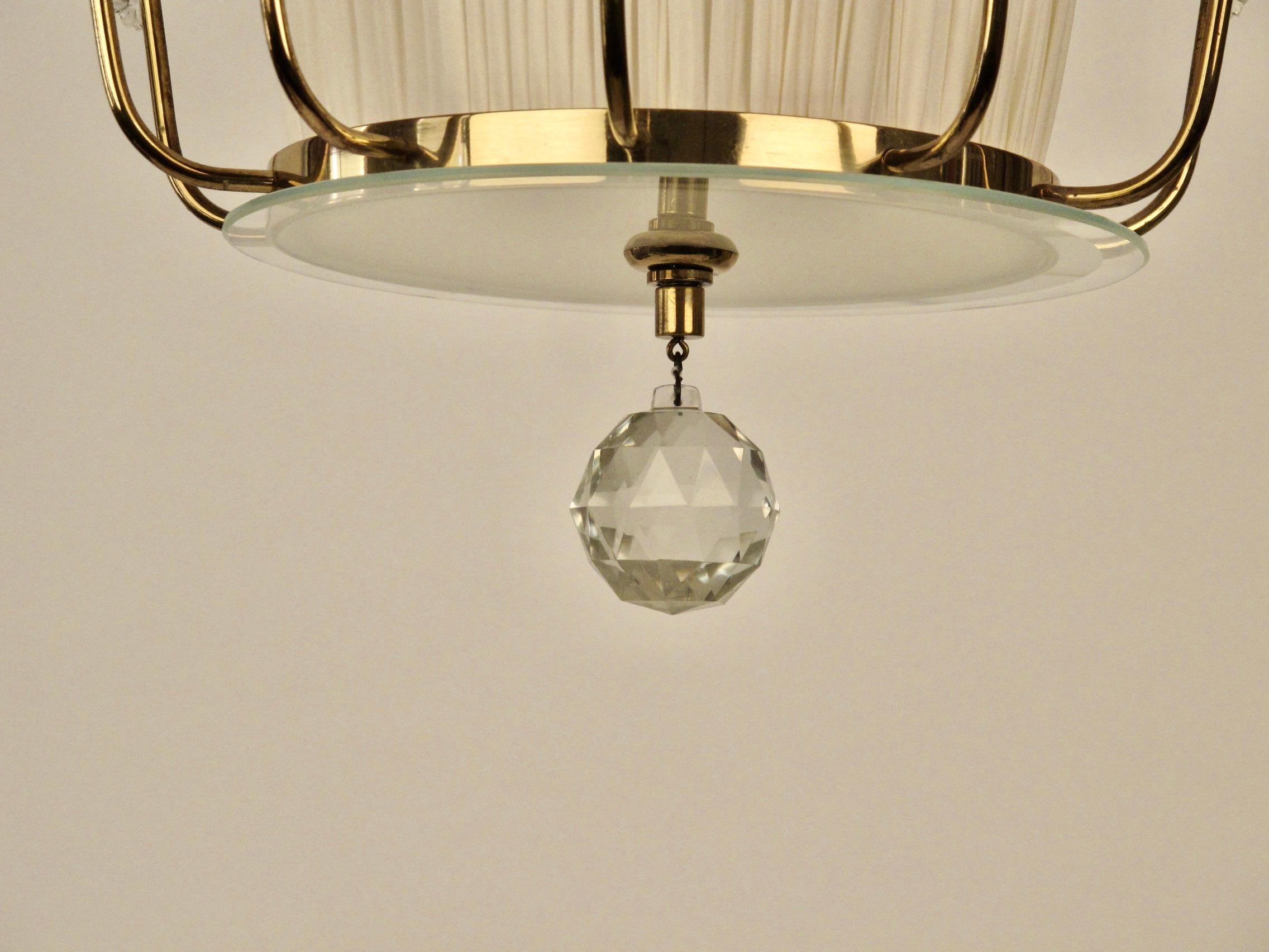 20th Century Pendant Lamp, Brass with Silk Shade and  Glass Elements, Lobmeyr Austria, 1950 For Sale