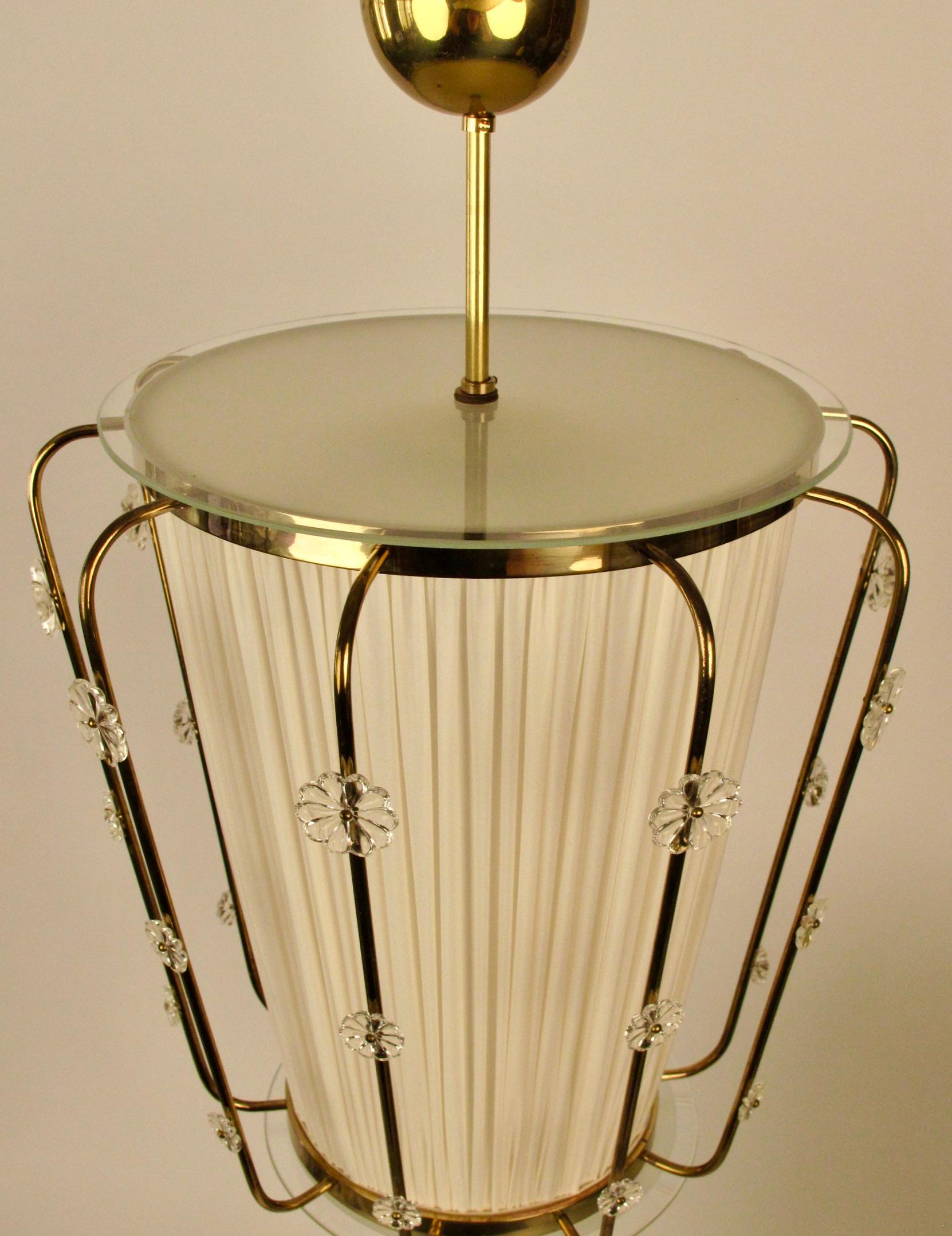 Pendant Lamp, Brass with Silk Shade and  Glass Elements, Lobmeyr Austria, 1950 For Sale 1