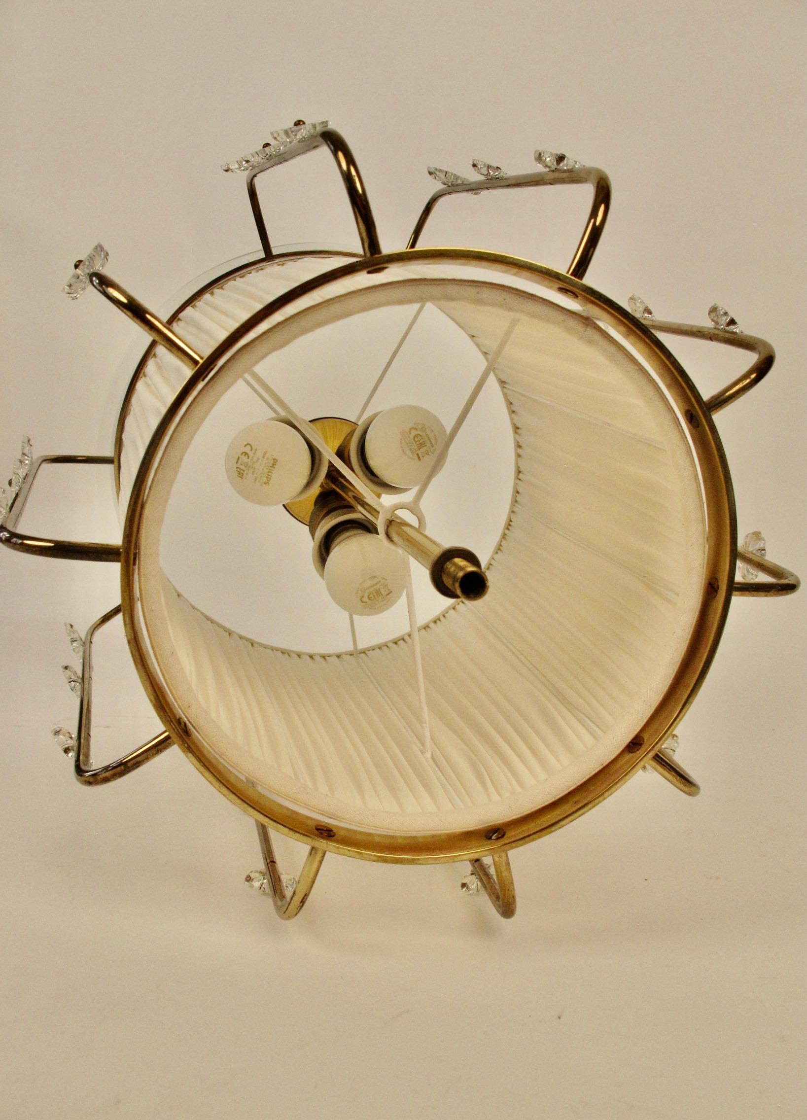 Pendant Lamp, Brass with Silk Shade and  Glass Elements, Lobmeyr Austria, 1950 For Sale 2