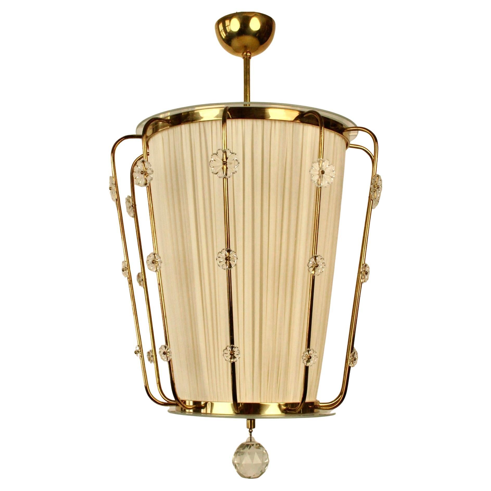 Pendant Lamp, Brass with Silk Shade and  Glass Elements, Lobmeyr Austria, 1950