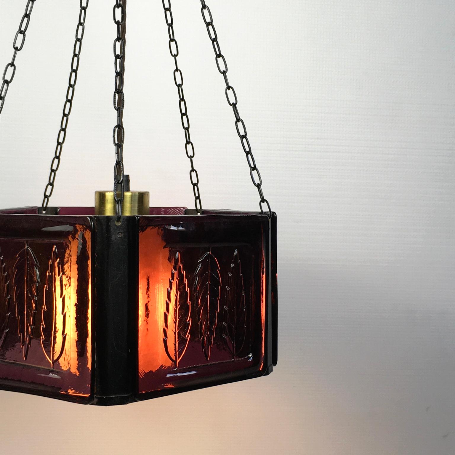 Metal Pendant Lamp by Erik Höglund with Purple Glass for Boda Glasburk, Sweden, 1960s For Sale
