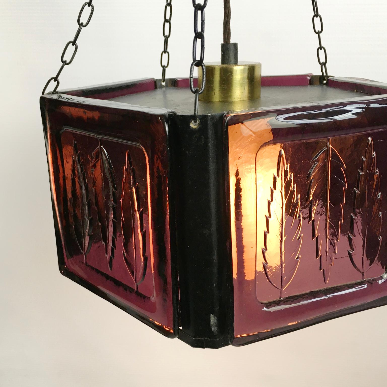 Scandinavian Modern Pendant Lamp by Erik Höglund with Purple Glass for Boda Glasburk, Sweden, 1960s For Sale
