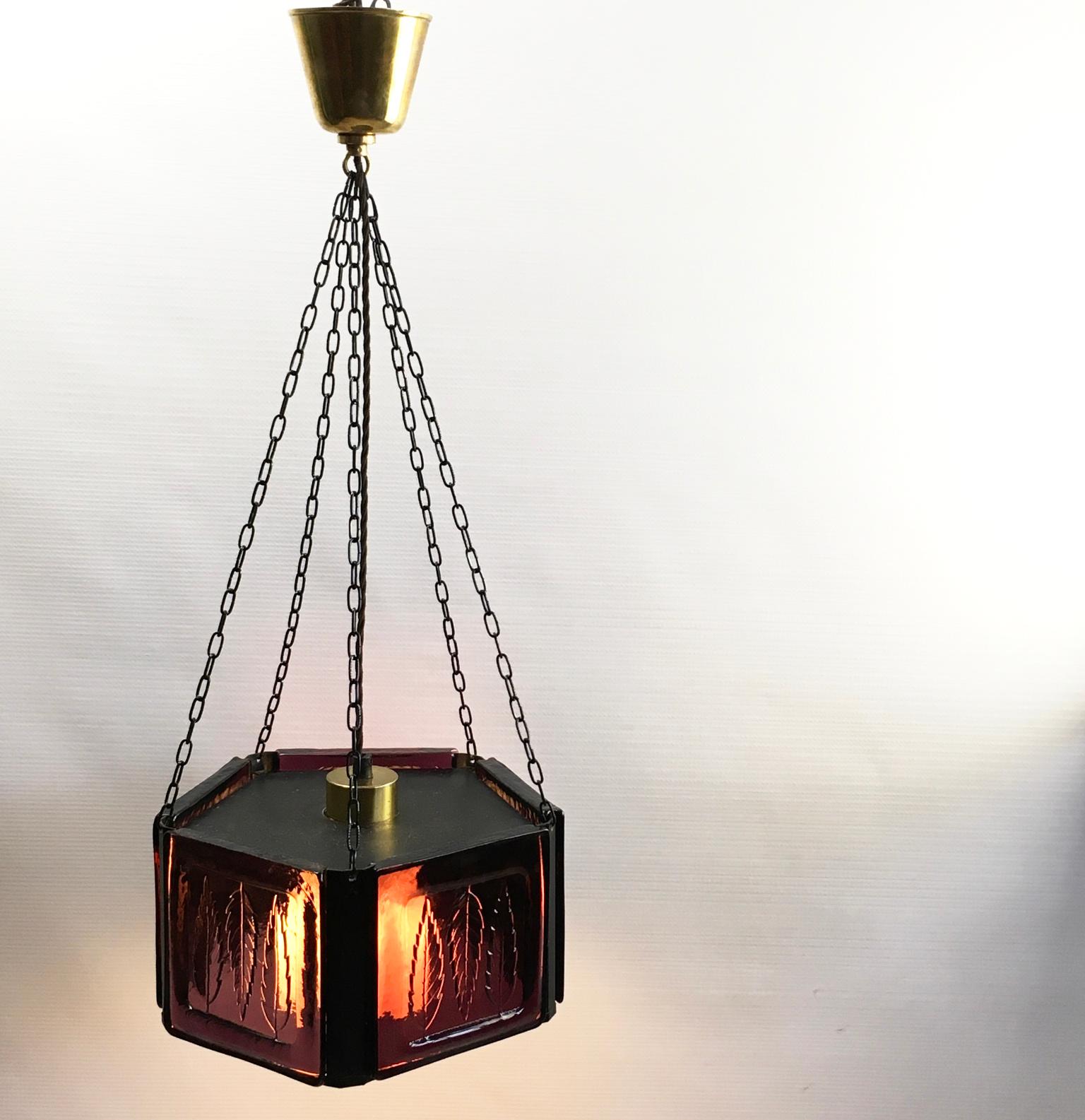 Hand-Crafted Pendant Lamp by Erik Höglund with Purple Glass for Boda Glasburk, Sweden, 1960s For Sale