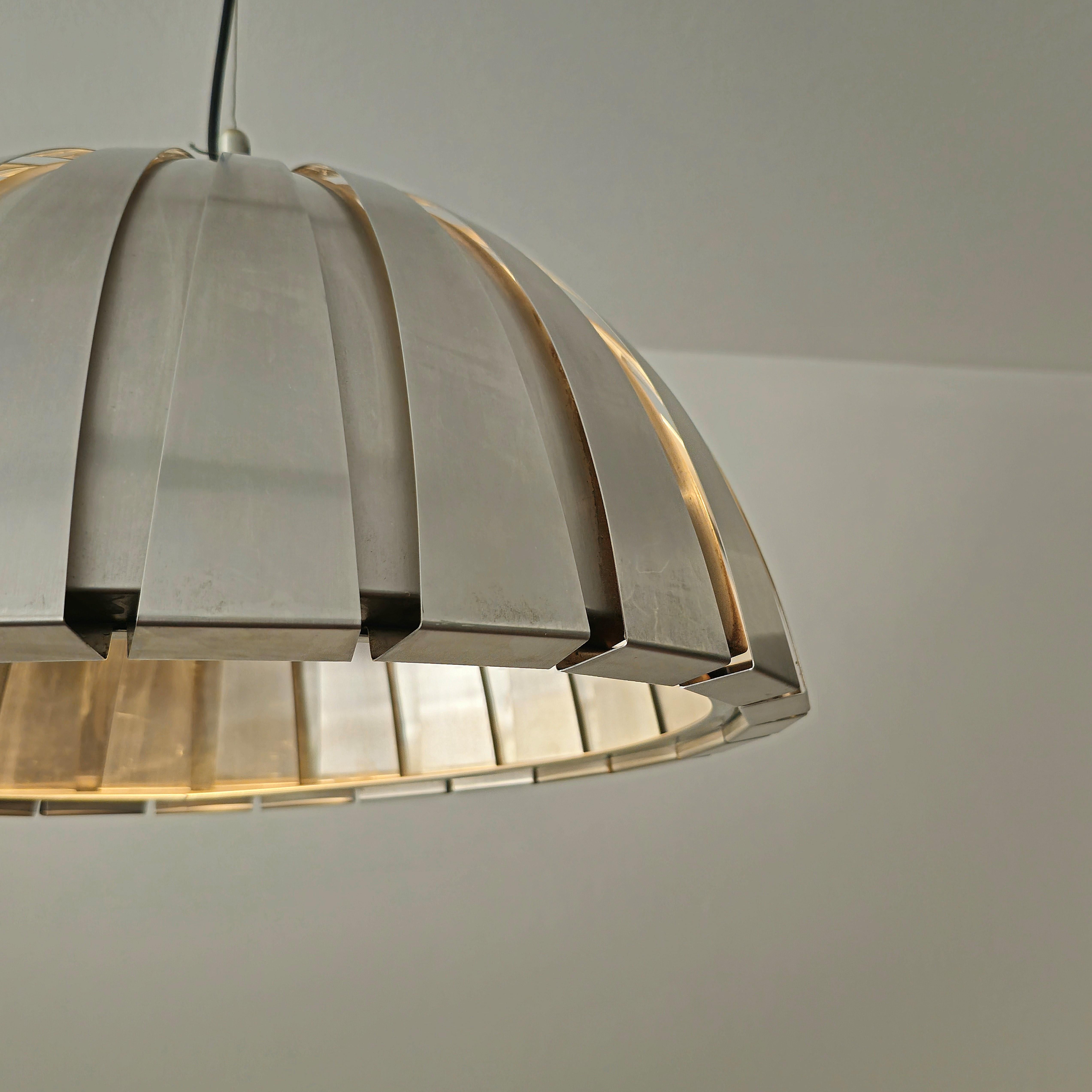 Brushed Pendant Lamp Chandelier Elio Martinelli Steel Midcentury Italian Design 1960s For Sale