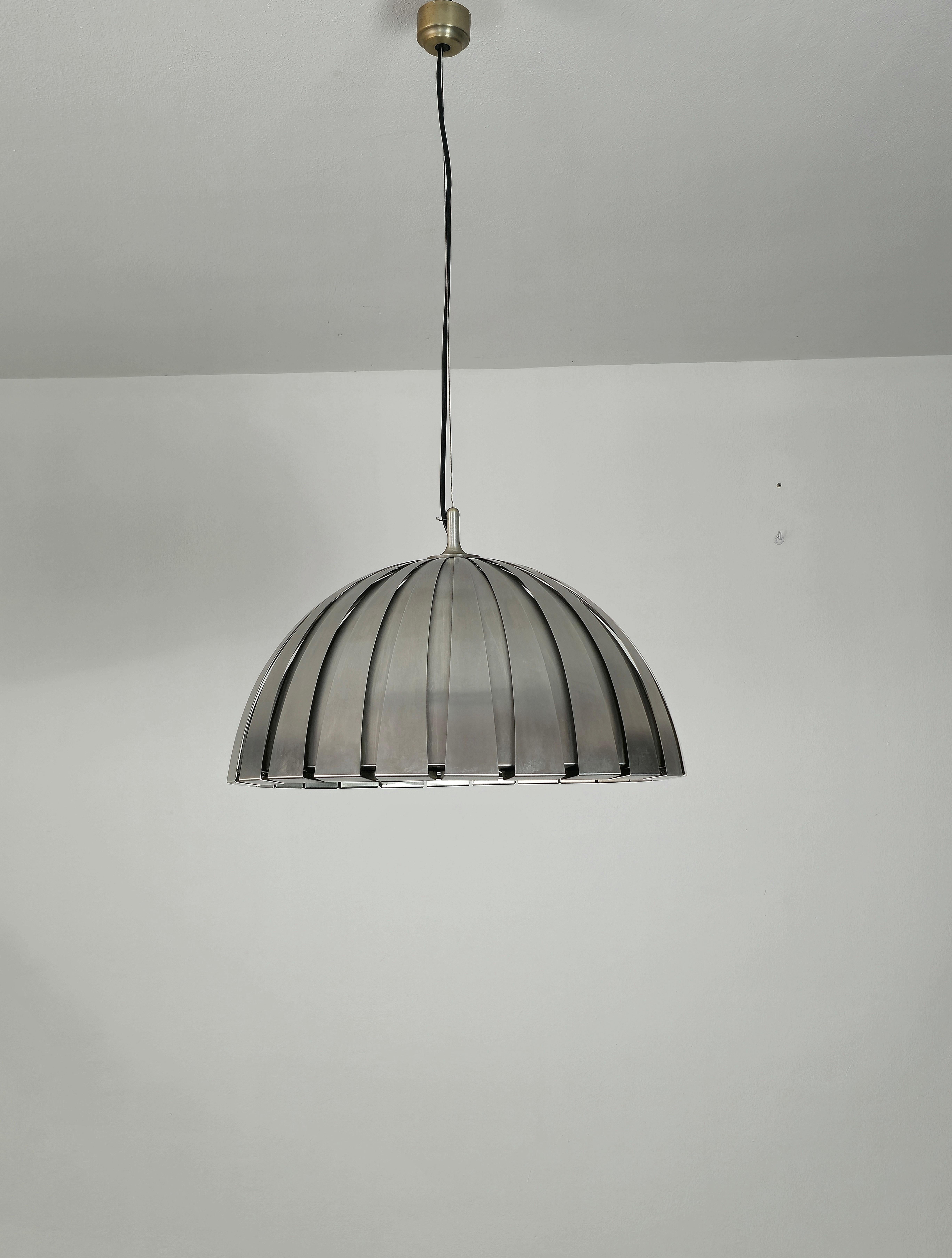 Pendant Lamp Chandelier Elio Martinelli Steel Midcentury Italian Design 1960s In Good Condition For Sale In Palermo, IT