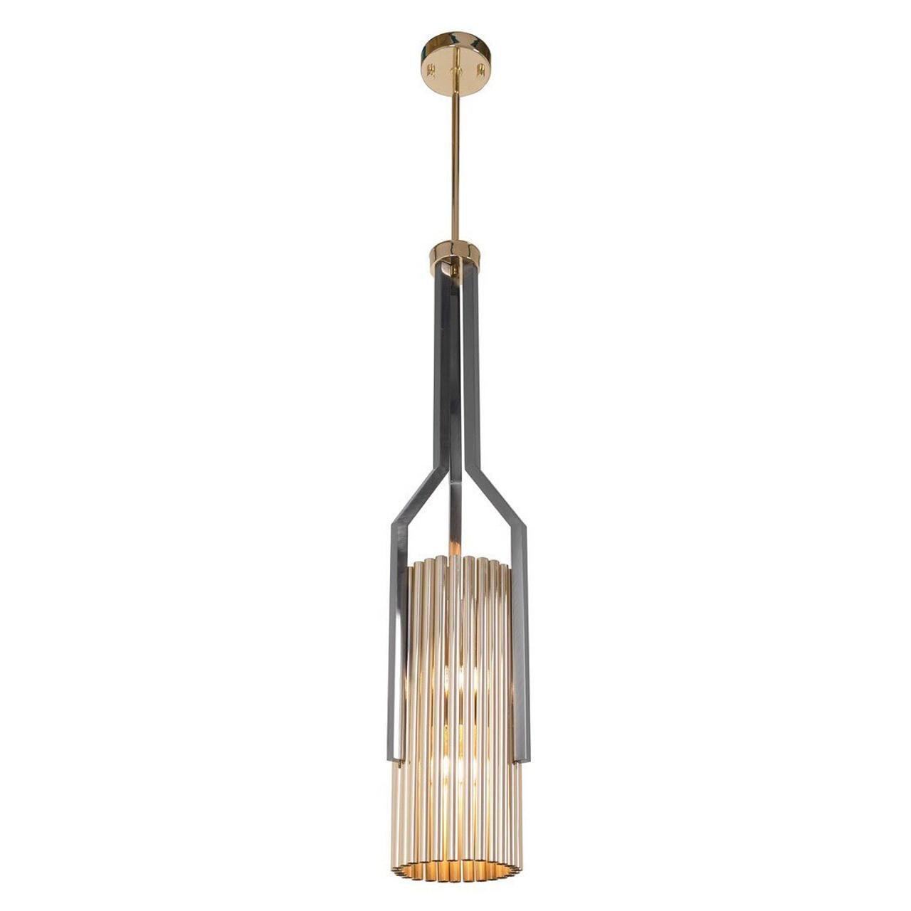 Minimalist Pendant Lamp Featuring Brass Tubes in Both, Rectangular and Circular Shapes For Sale