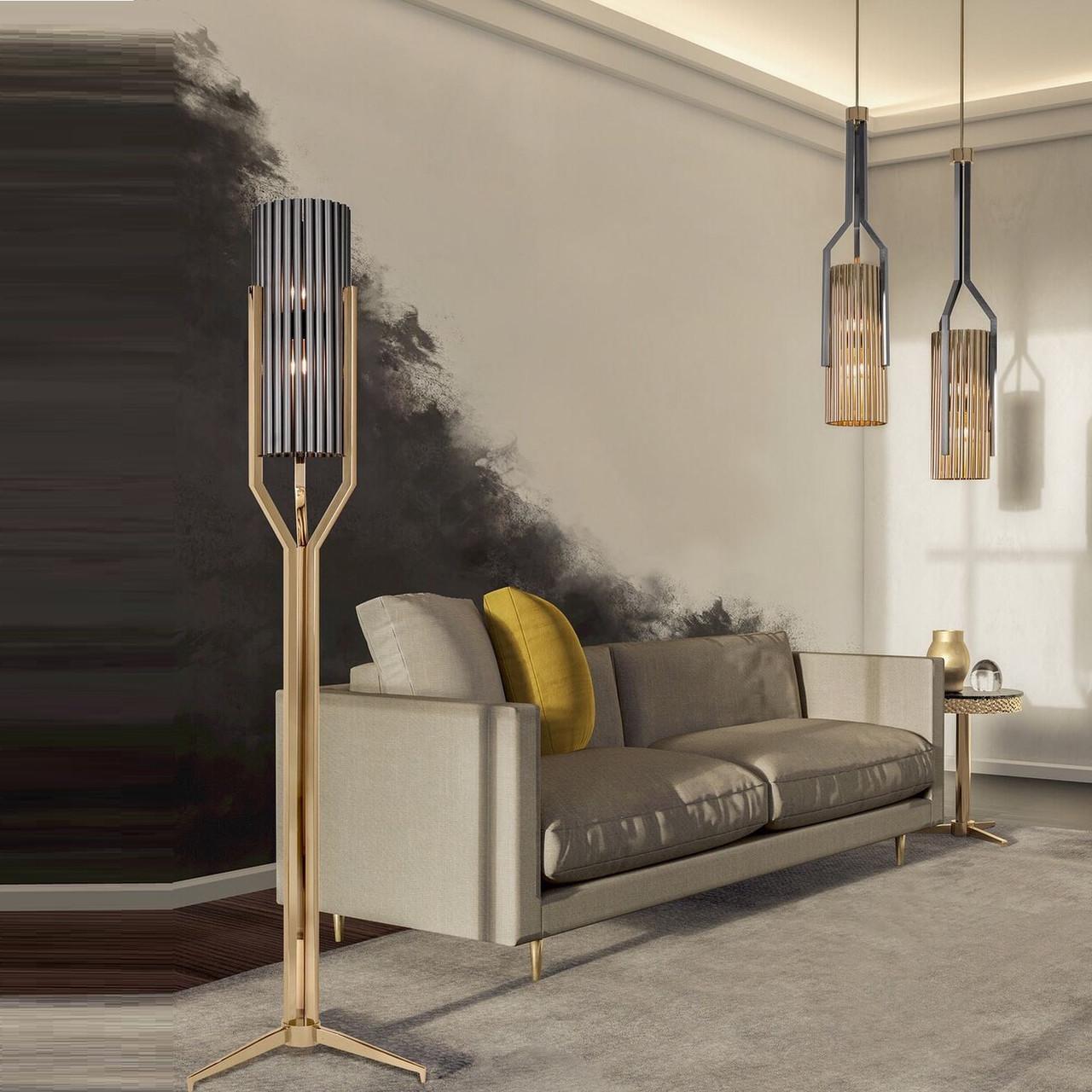 European Pendant Lamp Featuring Brass Tubes in Both, Rectangular and Circular Shapes For Sale