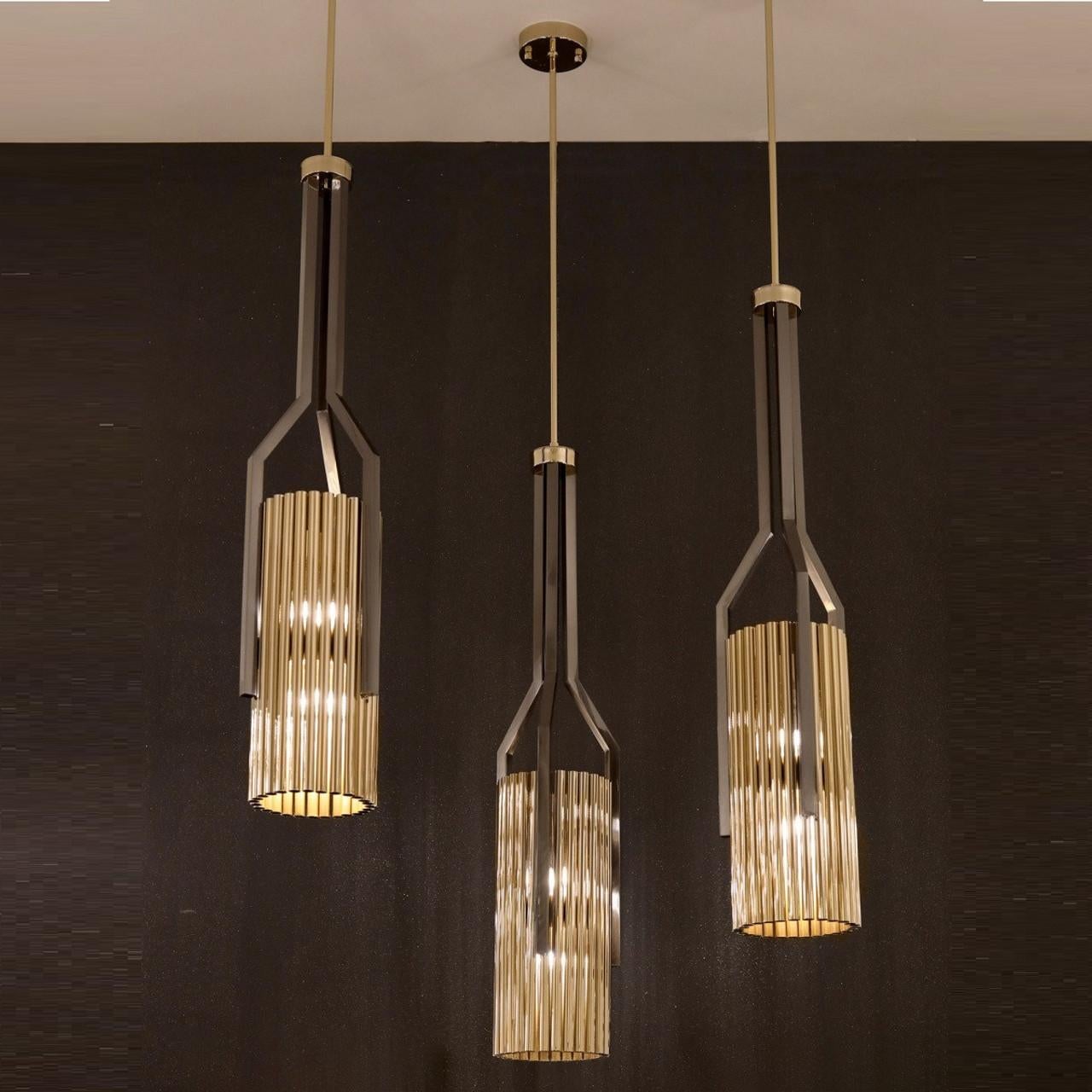 Hand-Crafted Pendant Lamp Featuring Brass Tubes in Both, Rectangular and Circular Shapes For Sale