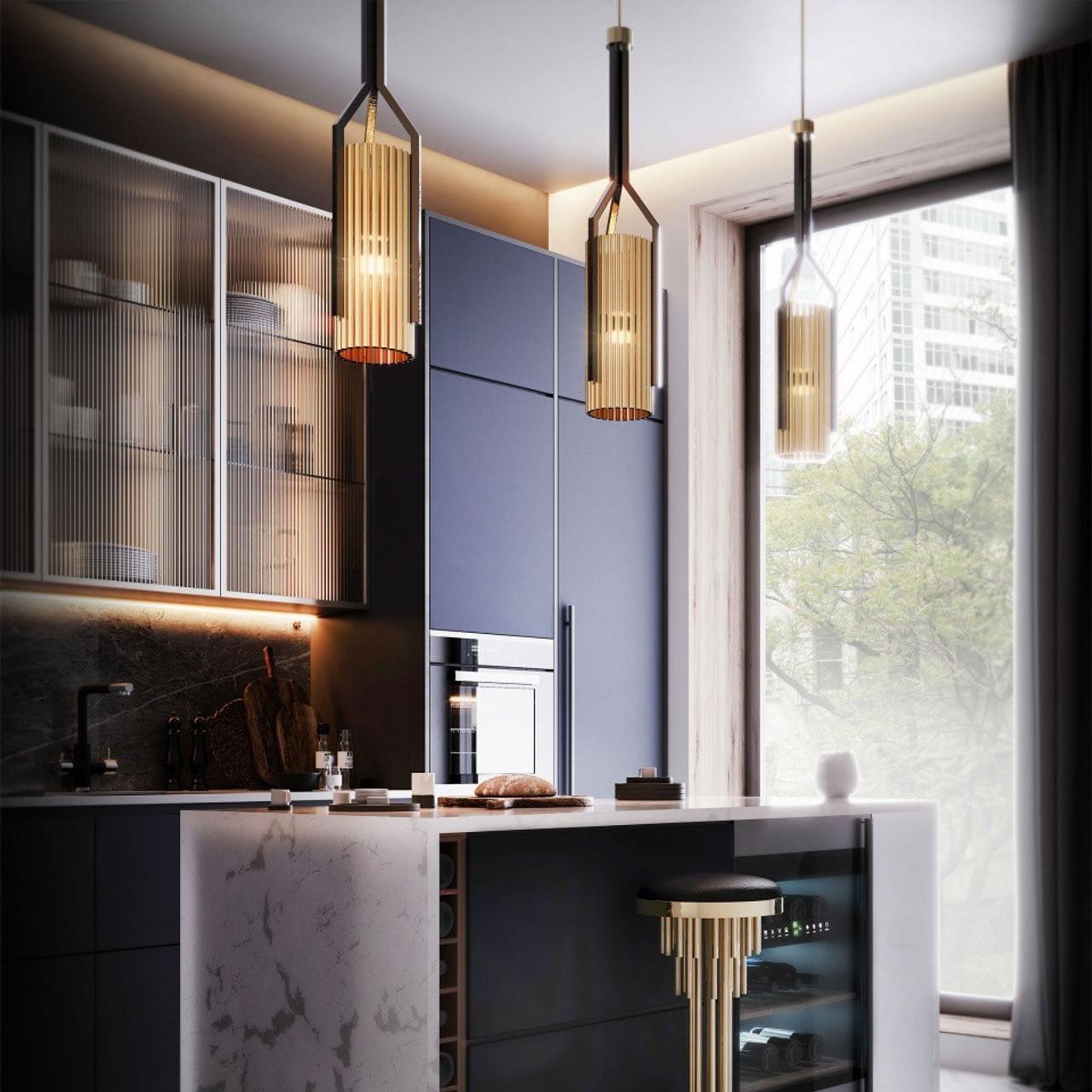 Pendant Lamp Featuring Brass Tubes in Both, Rectangular and Circular Shapes In New Condition For Sale In NEW YORK, NY
