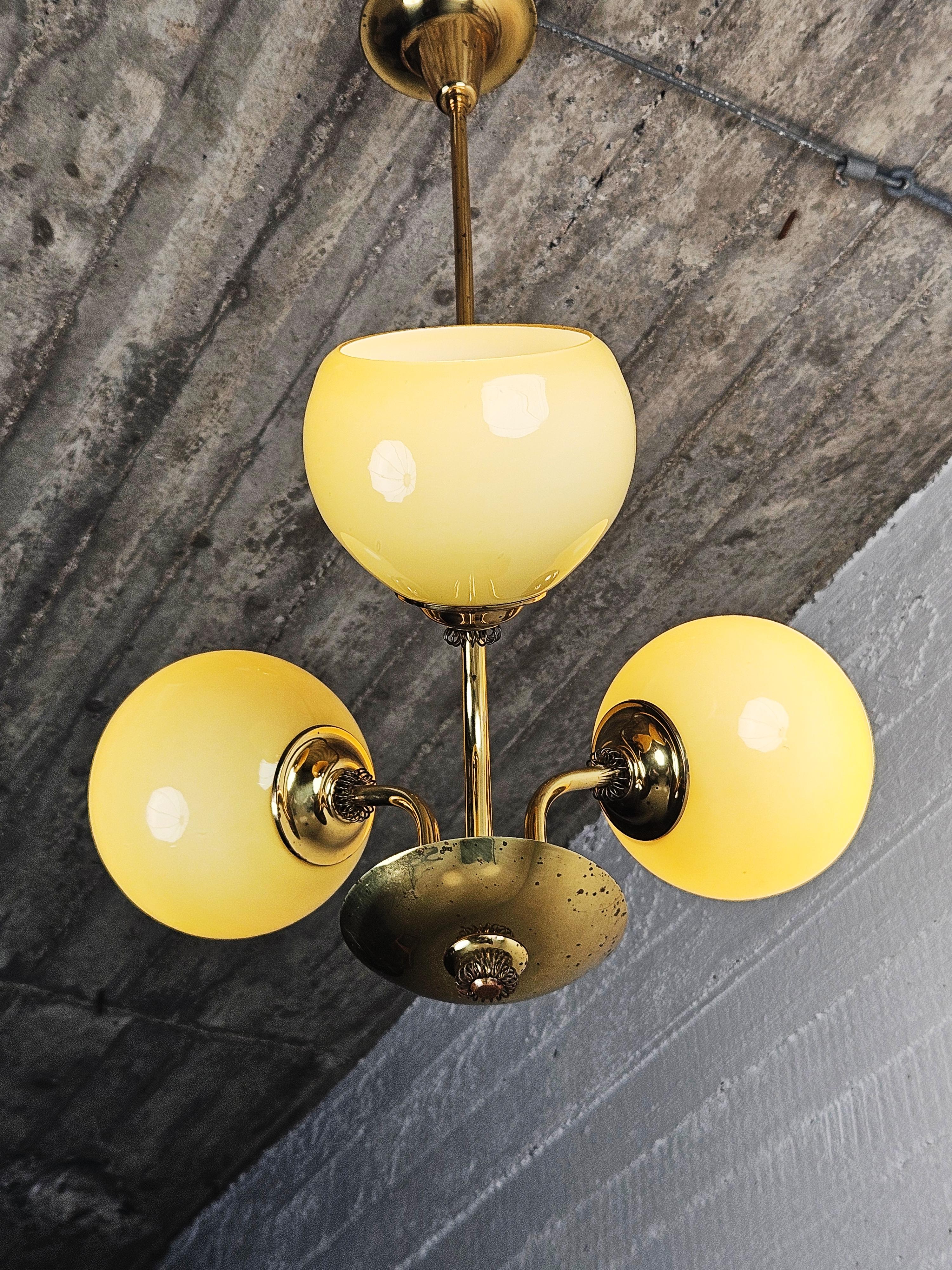Pendant lamp in brass and opaline glass, Finland, 1940s For Sale 4