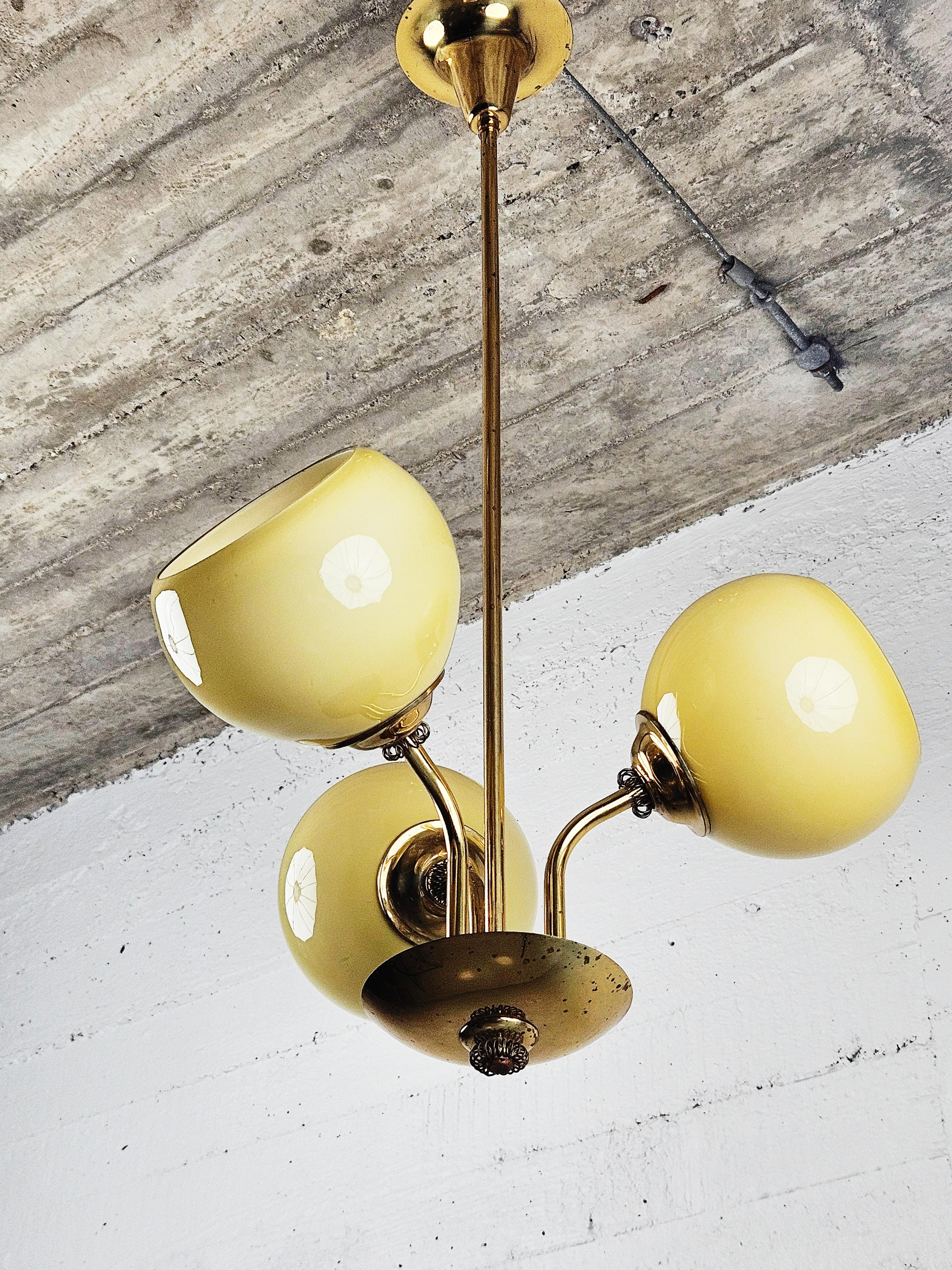 Finnish Pendant lamp in brass and opaline glass, Finland, 1940s For Sale
