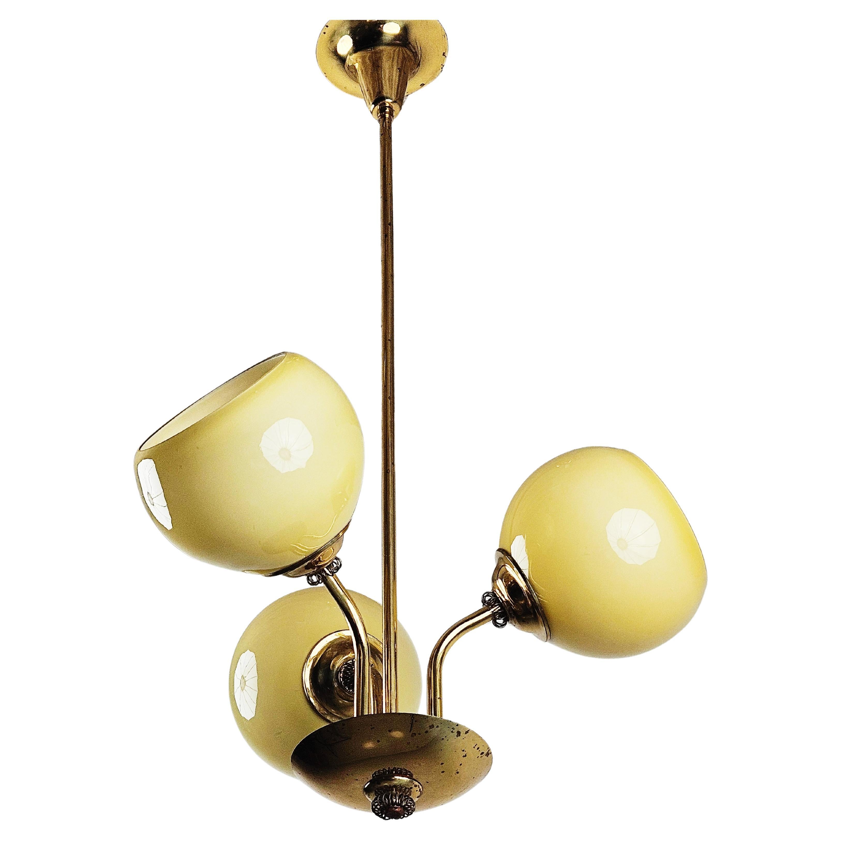 Pendant lamp in brass and opaline glass, Finland, 1940s For Sale