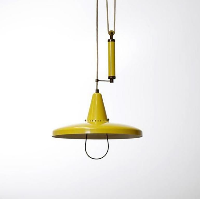Mid-Century Modern Yellow Pendant Lamp in Enamel & Brass, Angelo Lelii, Italy, 1950's