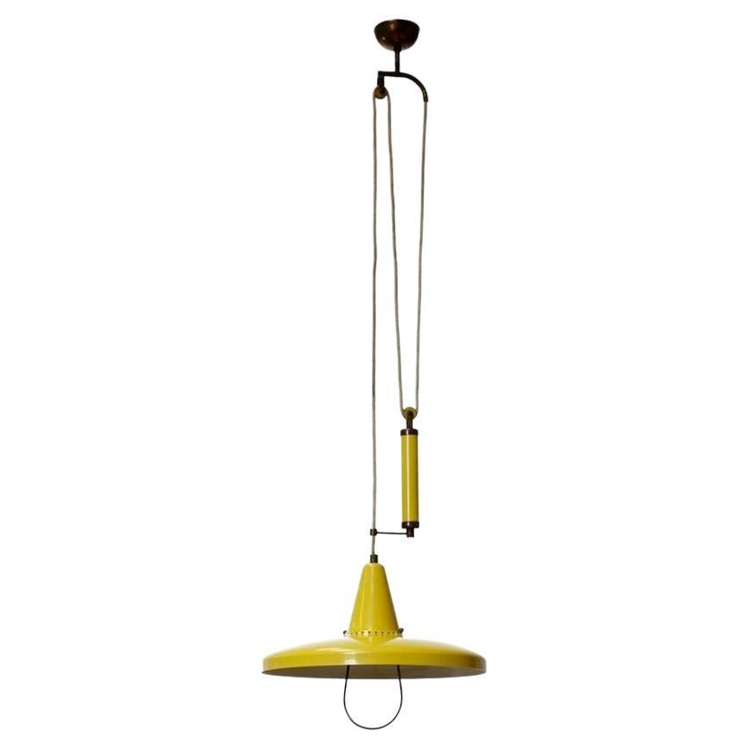 Yellow Pendant Lamp in Enamel & Brass, Angelo Lelii, Italy, 1950's