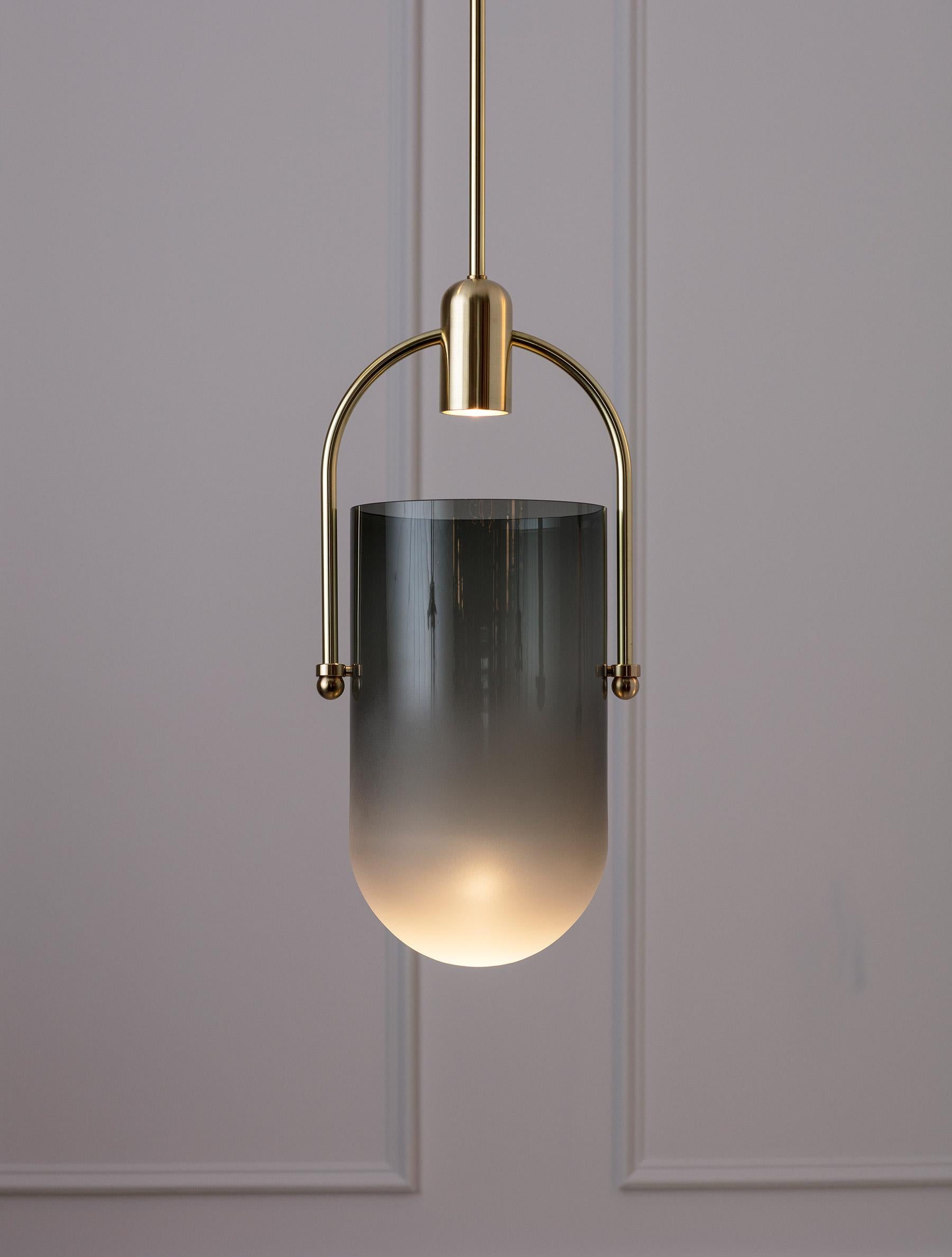 Moderne Pendant Lamp in Grey Glass and Brushed Brass, Arc Well by Allied Maker, USA en vente