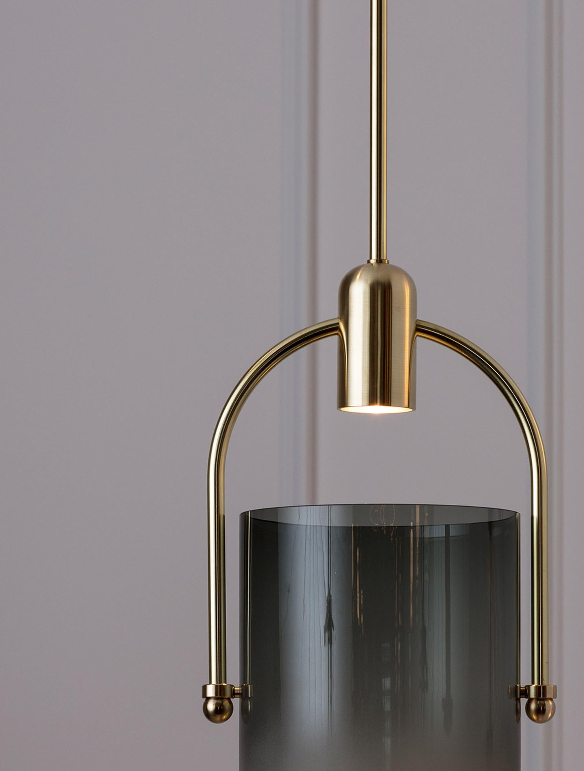 Américain Pendant Lamp in Grey Glass and Brushed Brass, Arc Well by Allied Maker, USA en vente