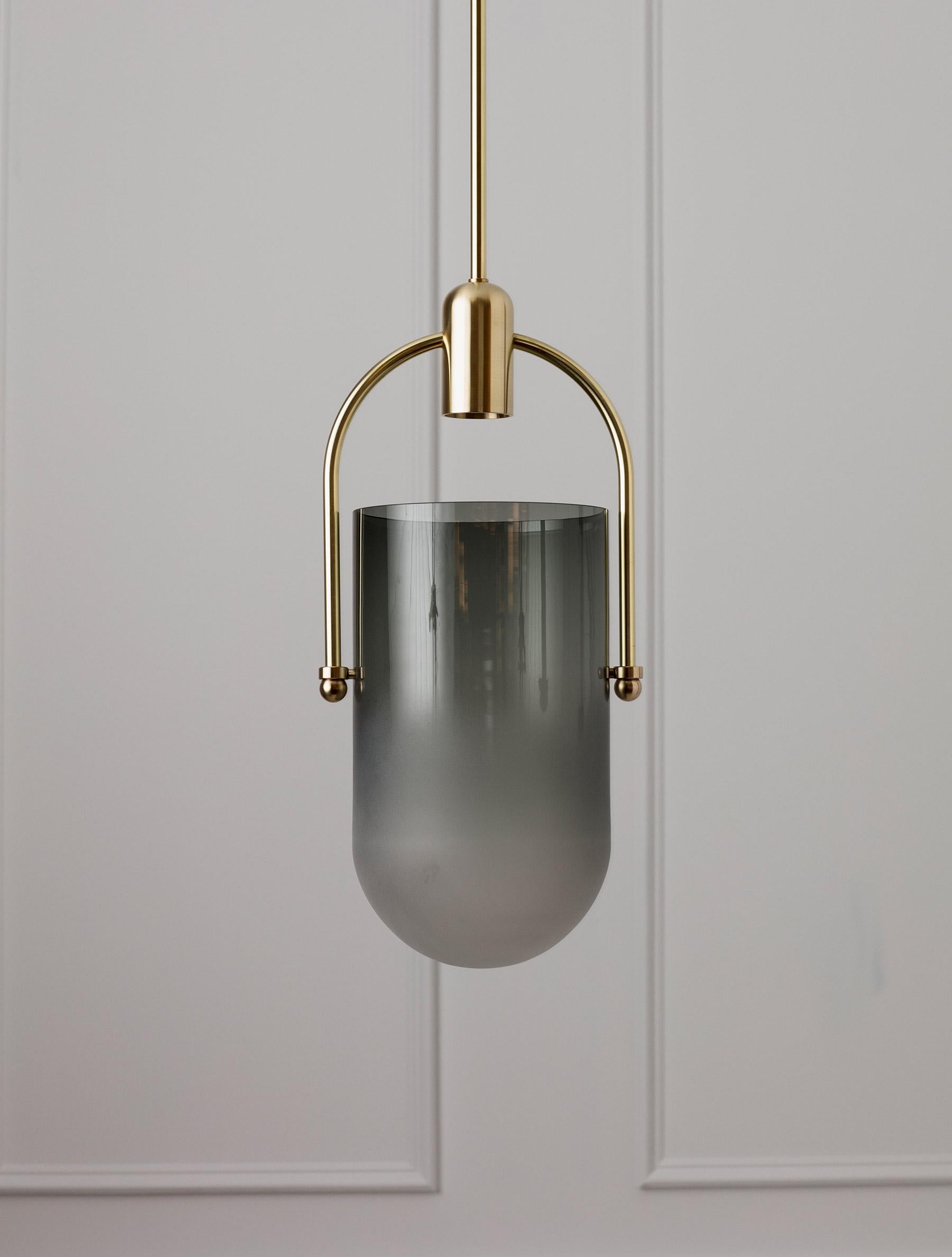 Brossé Pendant Lamp in Grey Glass and Brushed Brass, Arc Well by Allied Maker, USA en vente