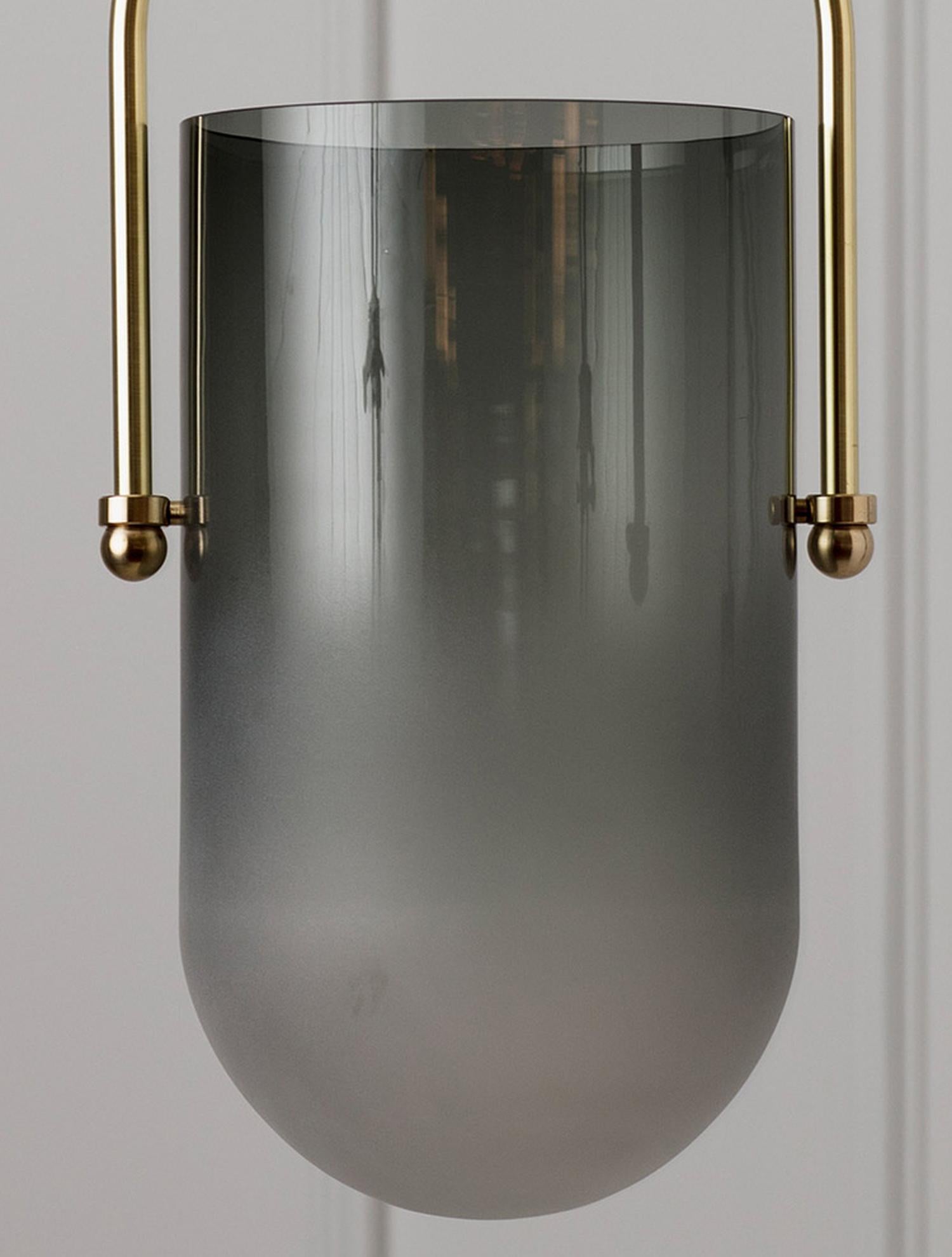 Pendant Lamp in Grey Glass and Brushed Brass, Arc Well by Allied Maker, USA Bon état - En vente à Glasgow, GB