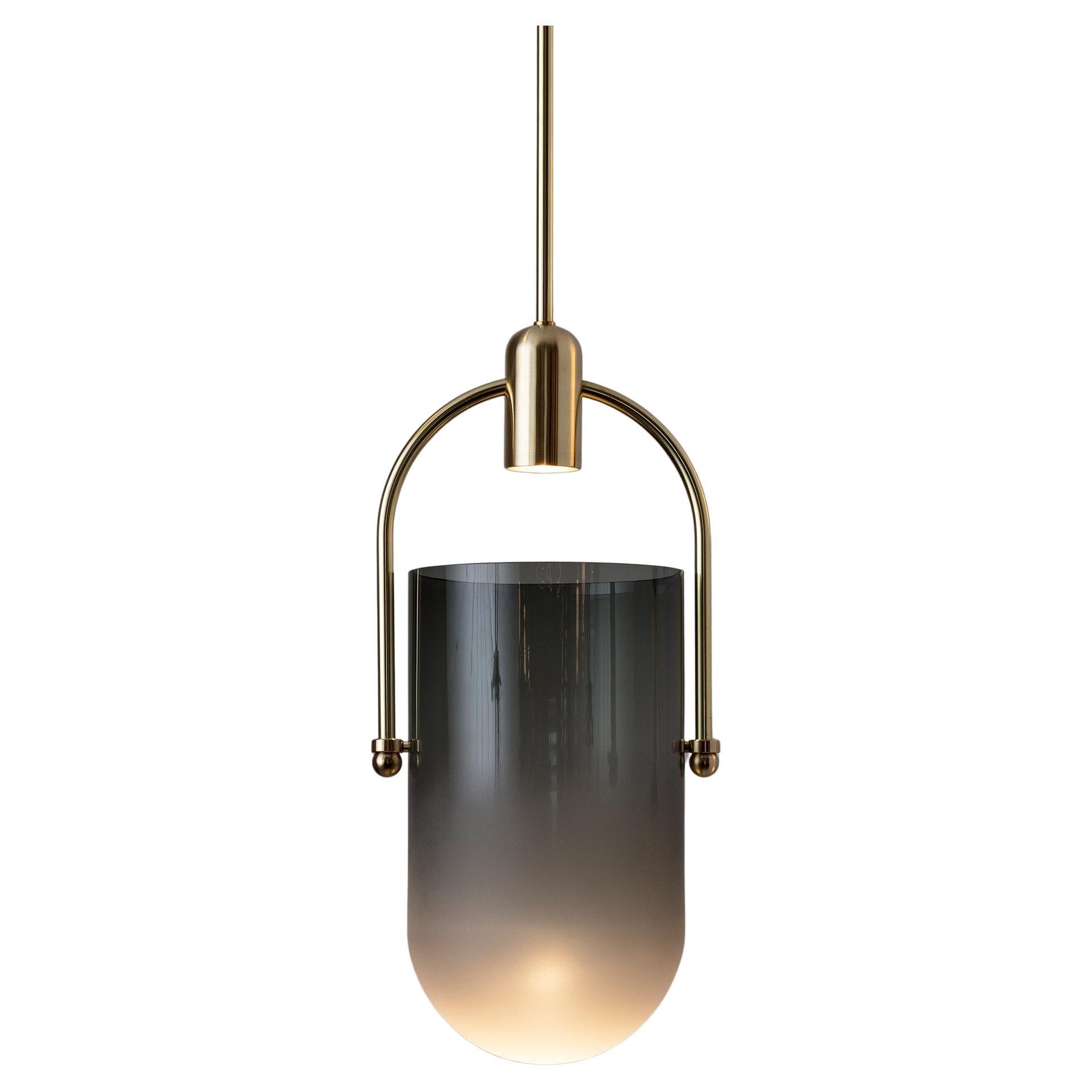 Pendant Lamp in Grey Glass and Brushed Brass, Arc Well by Allied Maker, USA en vente