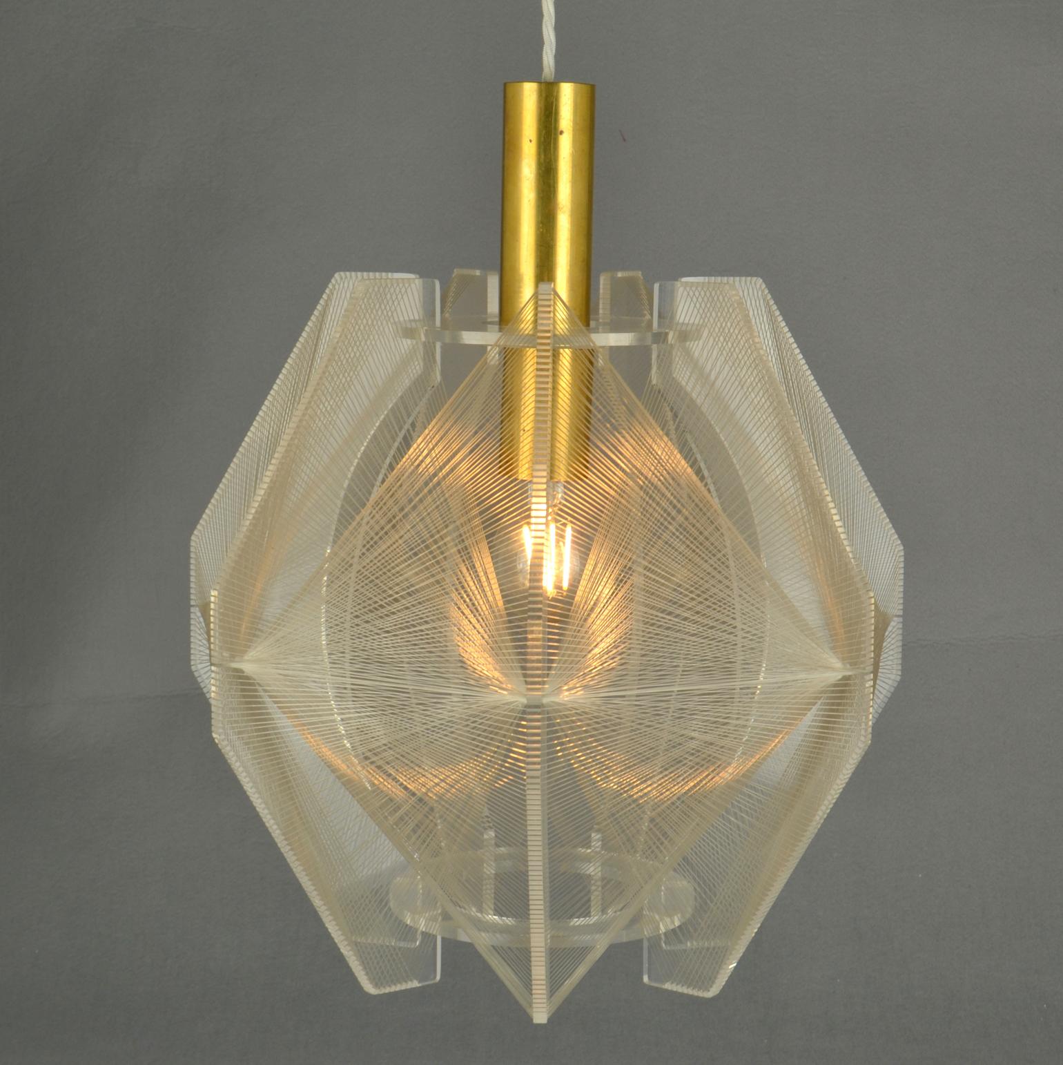 European Pendant Lamp in Lucite, Wire and Brass, 1970's For Sale