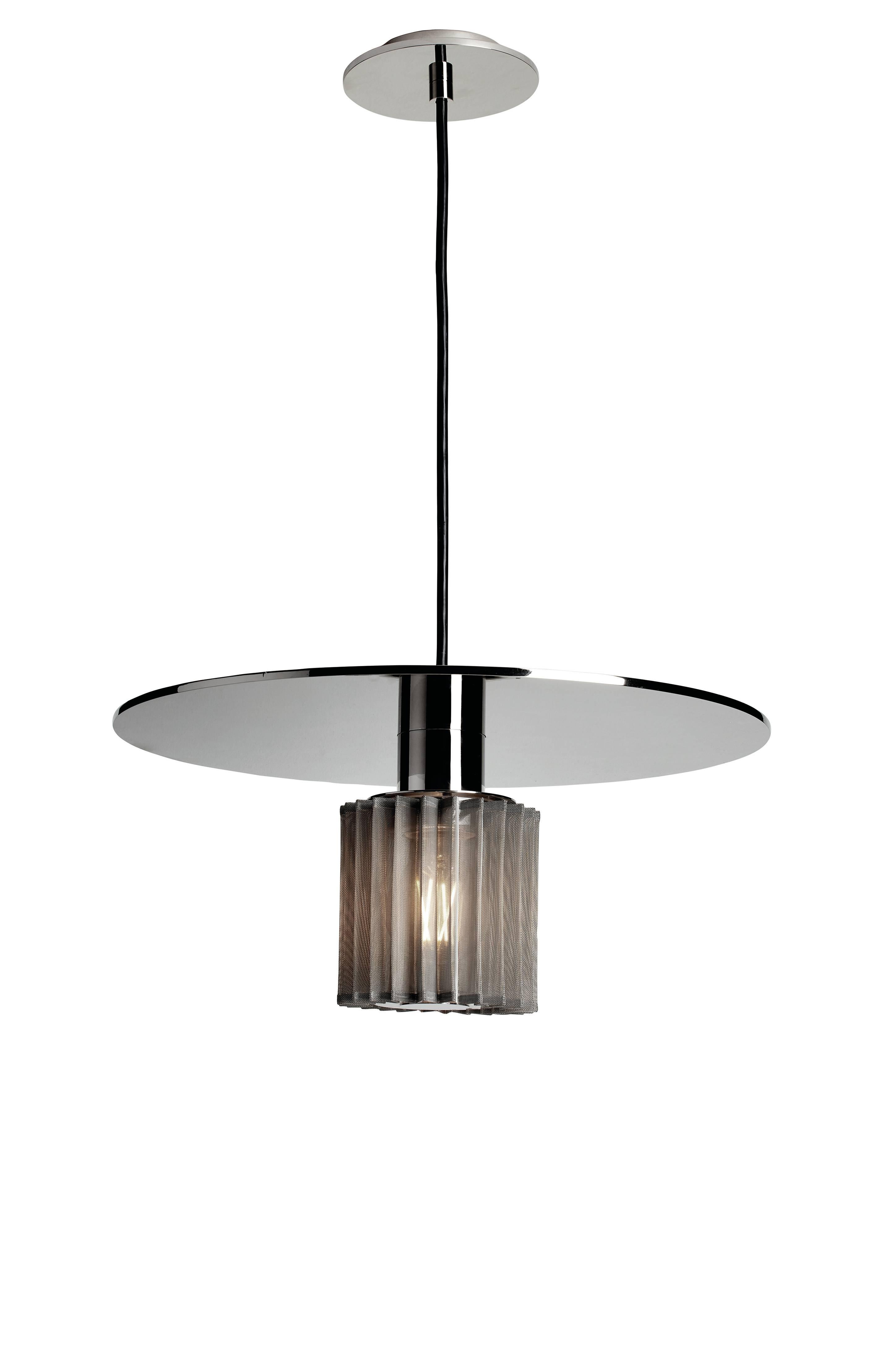 Industrial Pendant Lamp in Steel and Glass with Mesh Part, French Contemporary Lighting For Sale