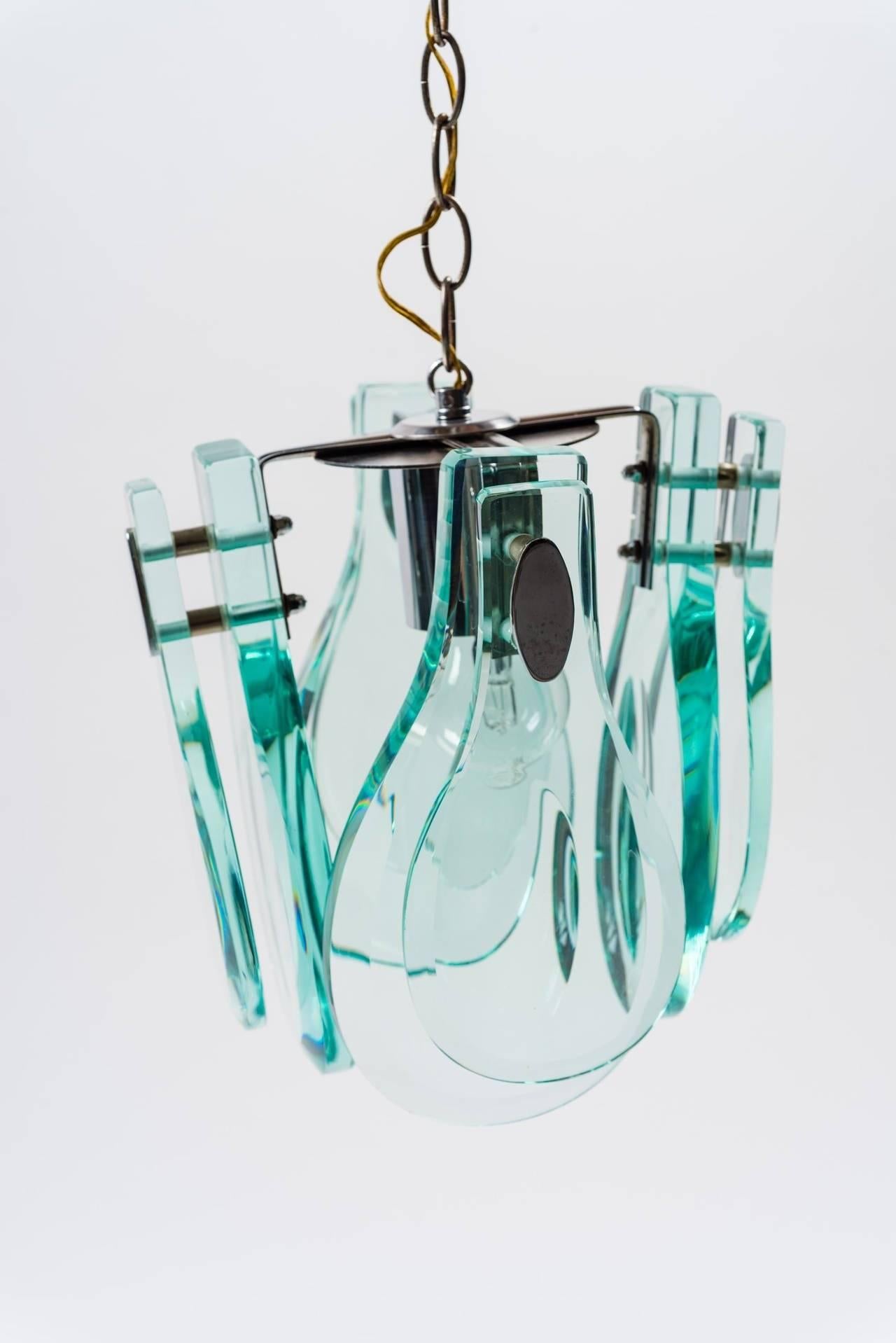 Pendant lamp with hand-sculpted glass Verde Nilo in the style of Fontana Arte, Italy, 1970.